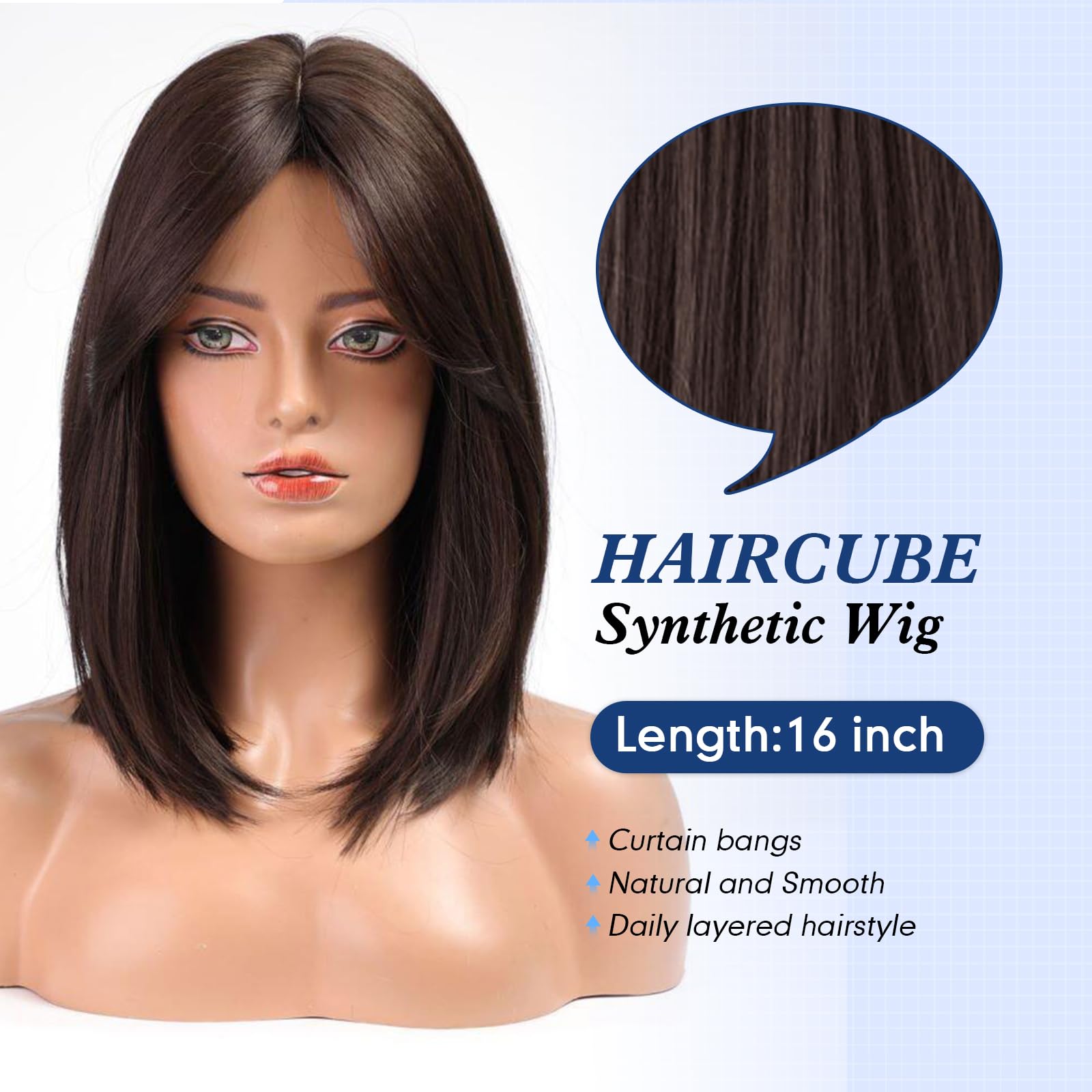 HAIRCUBE Damen Perücke 16 Zoll Dunkelbraun Synthetische Perücke mit Bangs Welle für Täglich und Cosplay