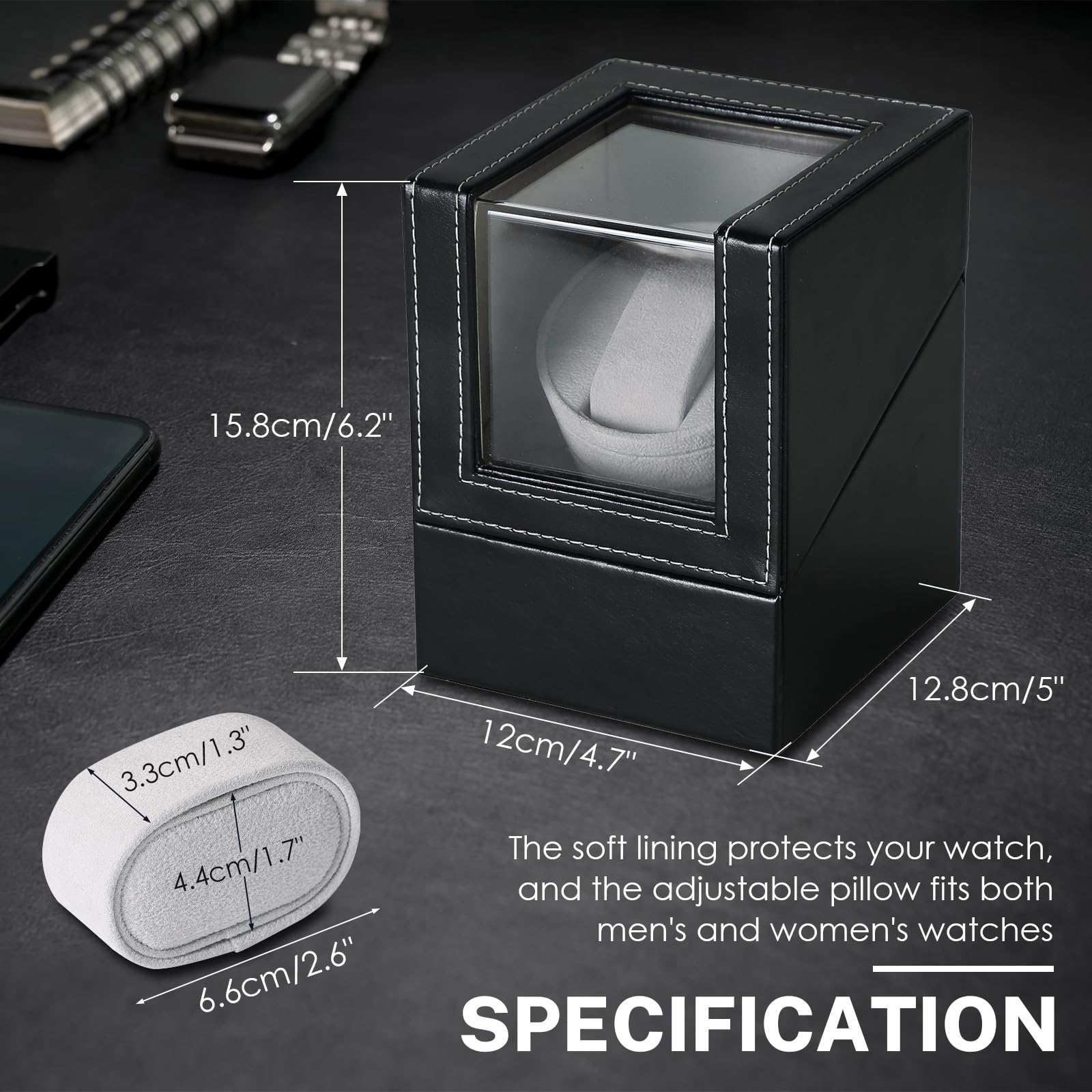 NATGAI Automatic Single Watch Winder | Automatic Watch Winder in Black Leather with Quiet Japanese Mabuchi Motor, Adjustable Watch Pillows,Watch Case for Automatic Watches