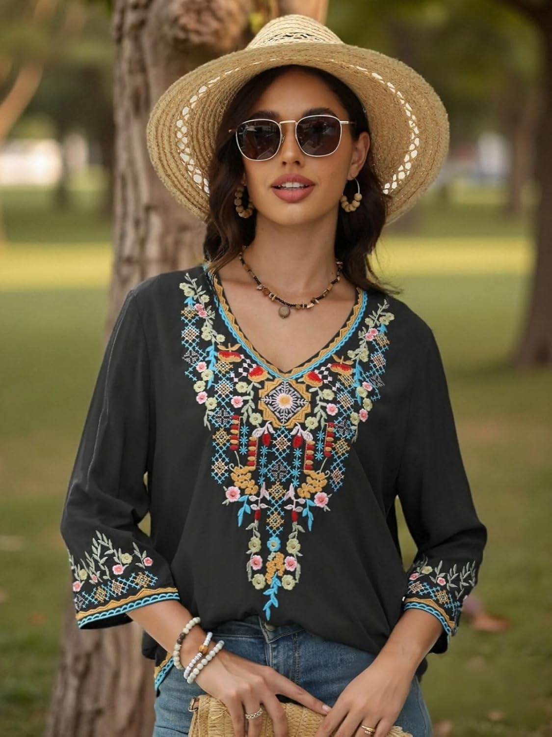 Tops bordados AK para mujer, mangas 3/4, camisas mexicanas