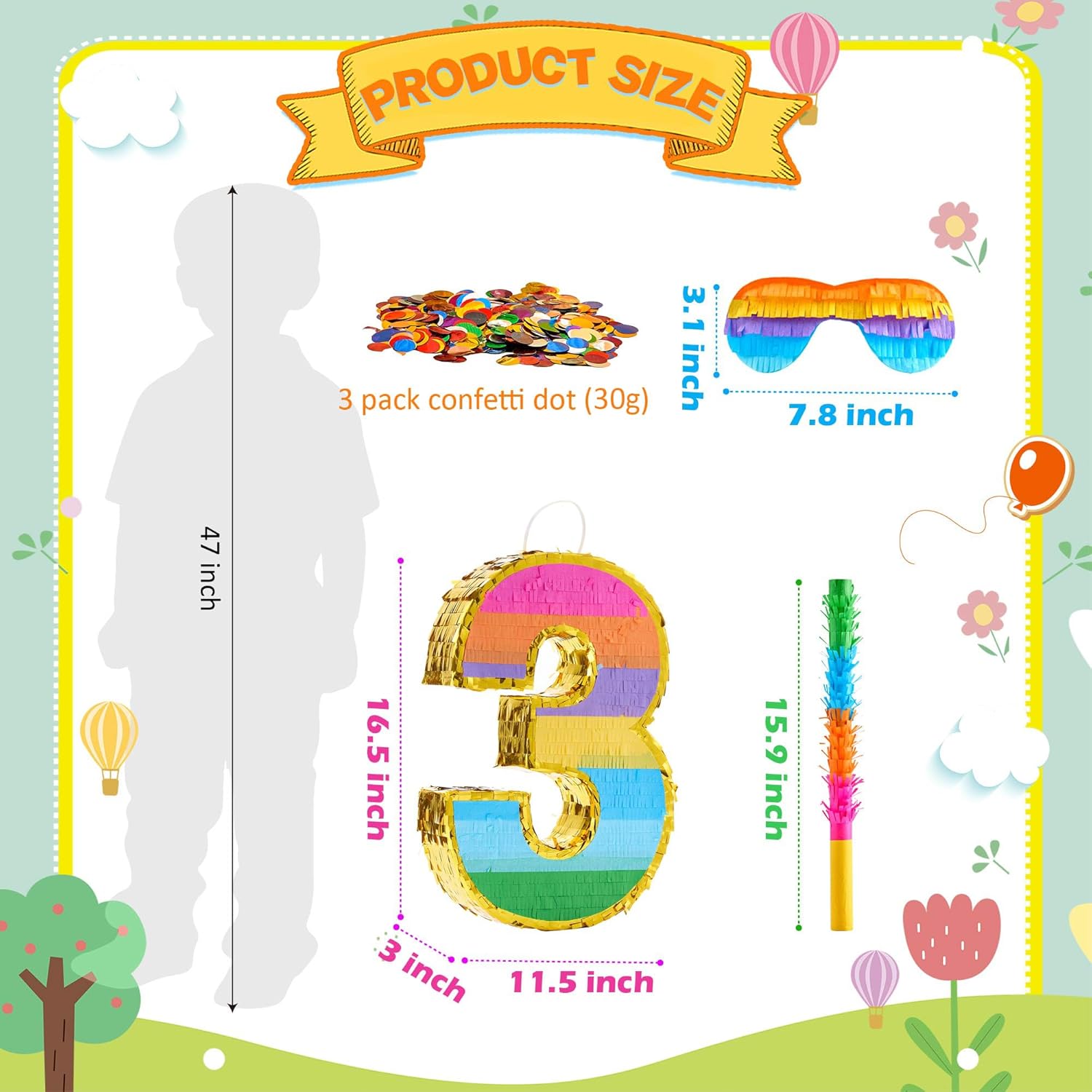 Rainbow Number 3 Pinata for 3rd Birthday Party Decorations, Birthday Pinata with Stick Blindfold and Confetti, Kids Anniversary Celebration, Fiesta (Small, 16.5 x 11.5 x 3 In)