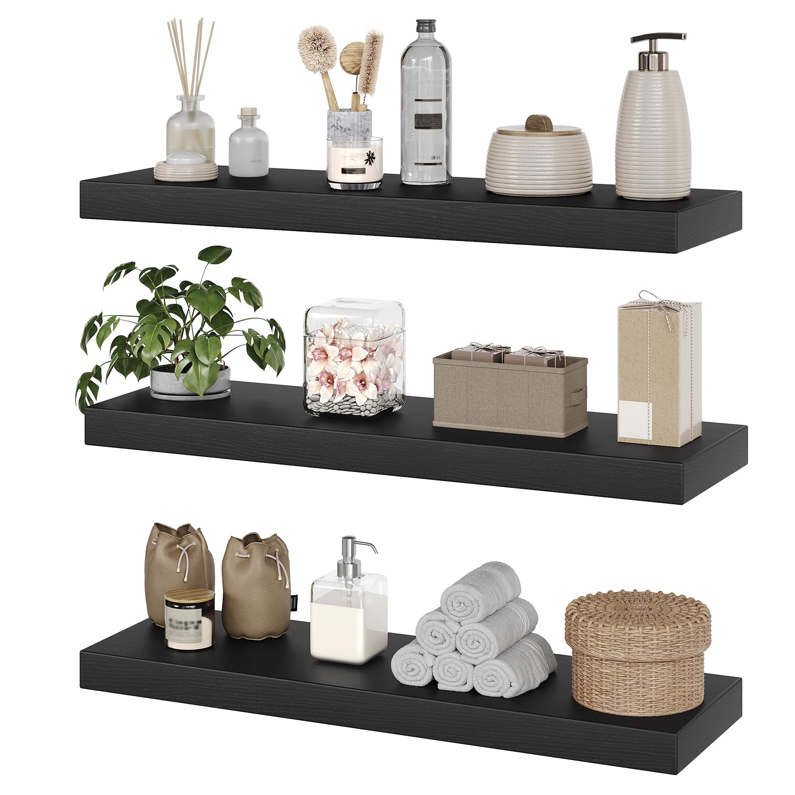 RALGEND Floating Shelves for Wall, 1.5" Thick Wall Shelf Set of 3 with Invisible Brackets, 23.6L x 7.9W Hanging Book Shelves Farmhouse Home Decor for