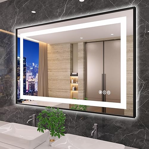 Miniatura 13 de Amorho Espejo de baño LED de 55 x 36 pulgadas, marco negro, luz frontal y retroiluminada, regulable continuamente, antivaho, a prueba de roturas,