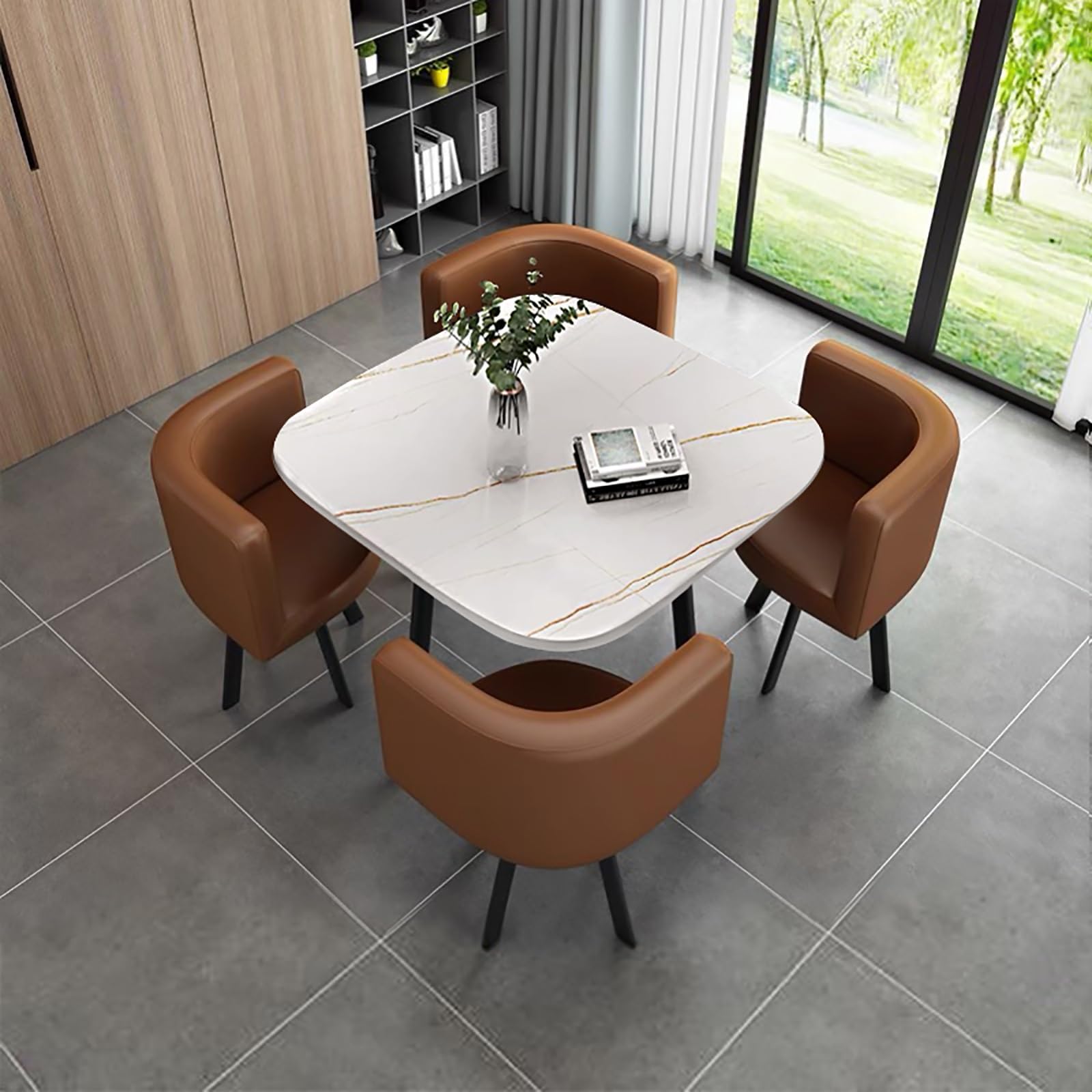 Round Dining Table Set for 4 with Marble Top and Chairs Office Reception Desk and Chair Set Suitable for Lounge Living Room Modern Furniture Dining Set,Brown-Square-Leather