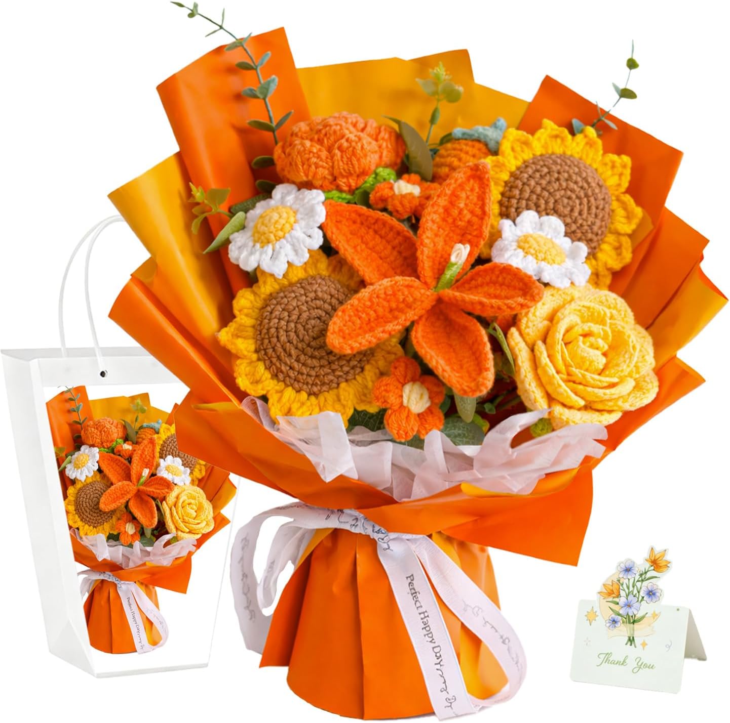 Handmade Crochet Flower Bouquet, Pink Rose & Carnation Knitted Flowers, Gift For Girlfriend, Birthday, Anniversary, Mother’s Day, Wedding Or Graduation (Includes Card) (Orange)