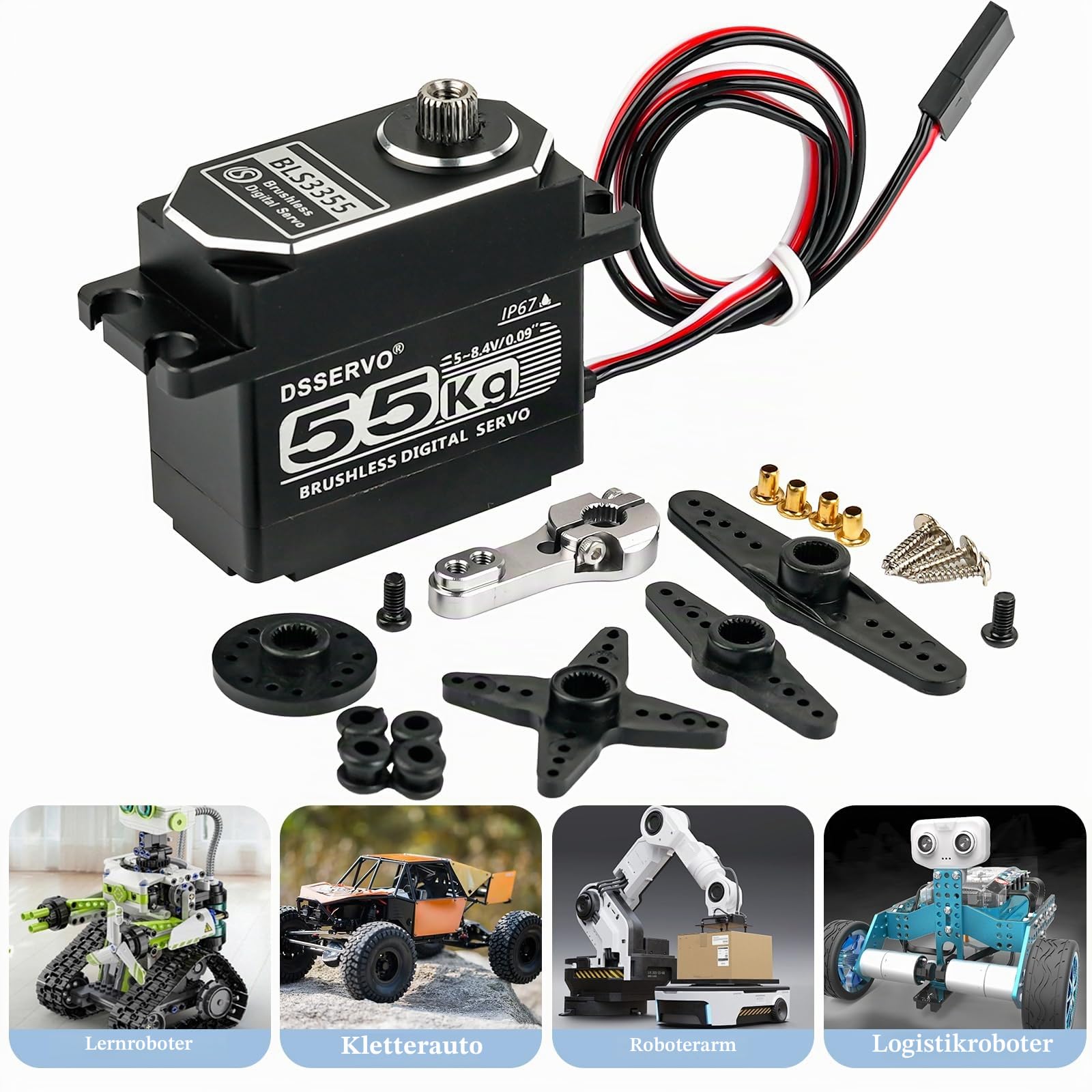 55kg Brushless Servo High Speed RC Digital Servo Waterproof IP67 Full Metal High Torque Servo for 1/8 1/10 RC Car Crawler (BLS3355) (55kg, 270°)