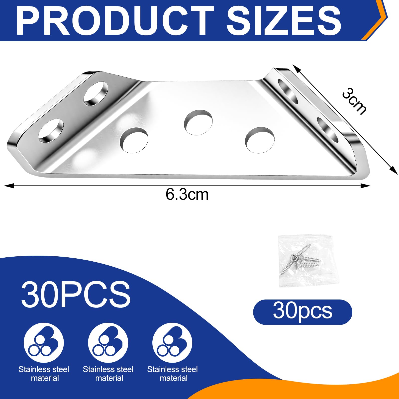 Staffe Angolari, Angolari Metallo per Legno e Staffe Angolari per Legno con Viti 30 Pezzi, Rinforzi Triangolari per Scaffale Armadio Tavolo Sedia Scrivania, Staffe in Acciaio Inox
