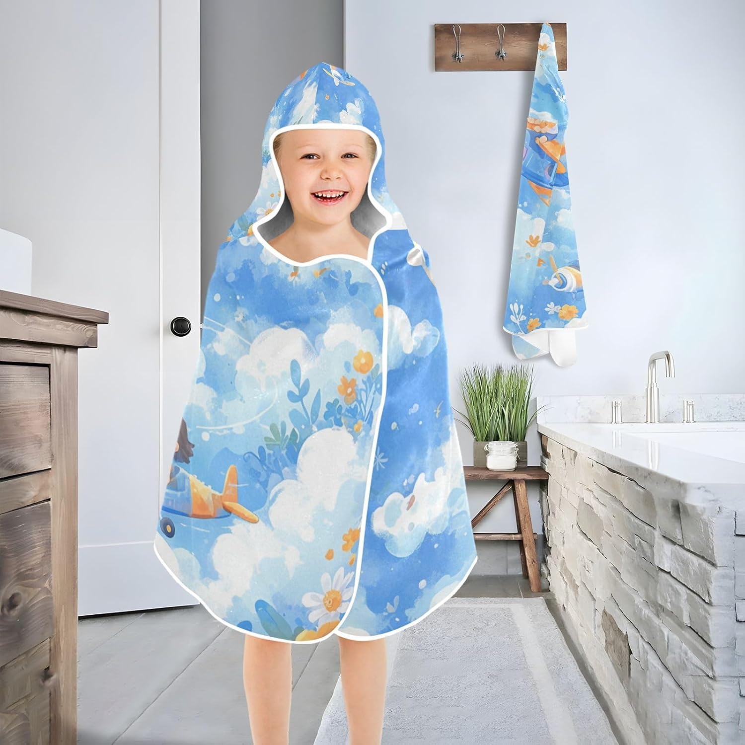 Toddler Beach Towel Cartoon Cute Blue and White Plane Hooded Beach Towel for Girl Boy Quick Dry Kids Bath Towels with Hood