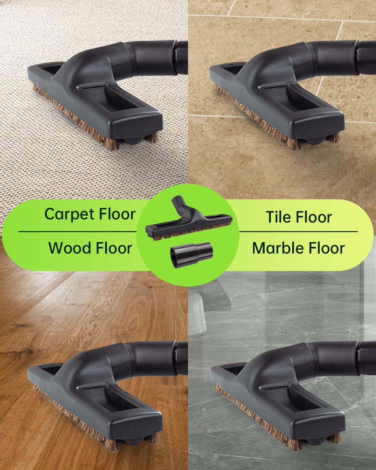 Universal Vacuum Floor Brush Attachments - Vacuum Attachments & Brushes, 12-Inch Swivel Head with 1-1/4”(32mm) Diameter Horse Hair Soft Bristles, 360° Swivel & Wheels for Hard Floors, Tile Cleaning