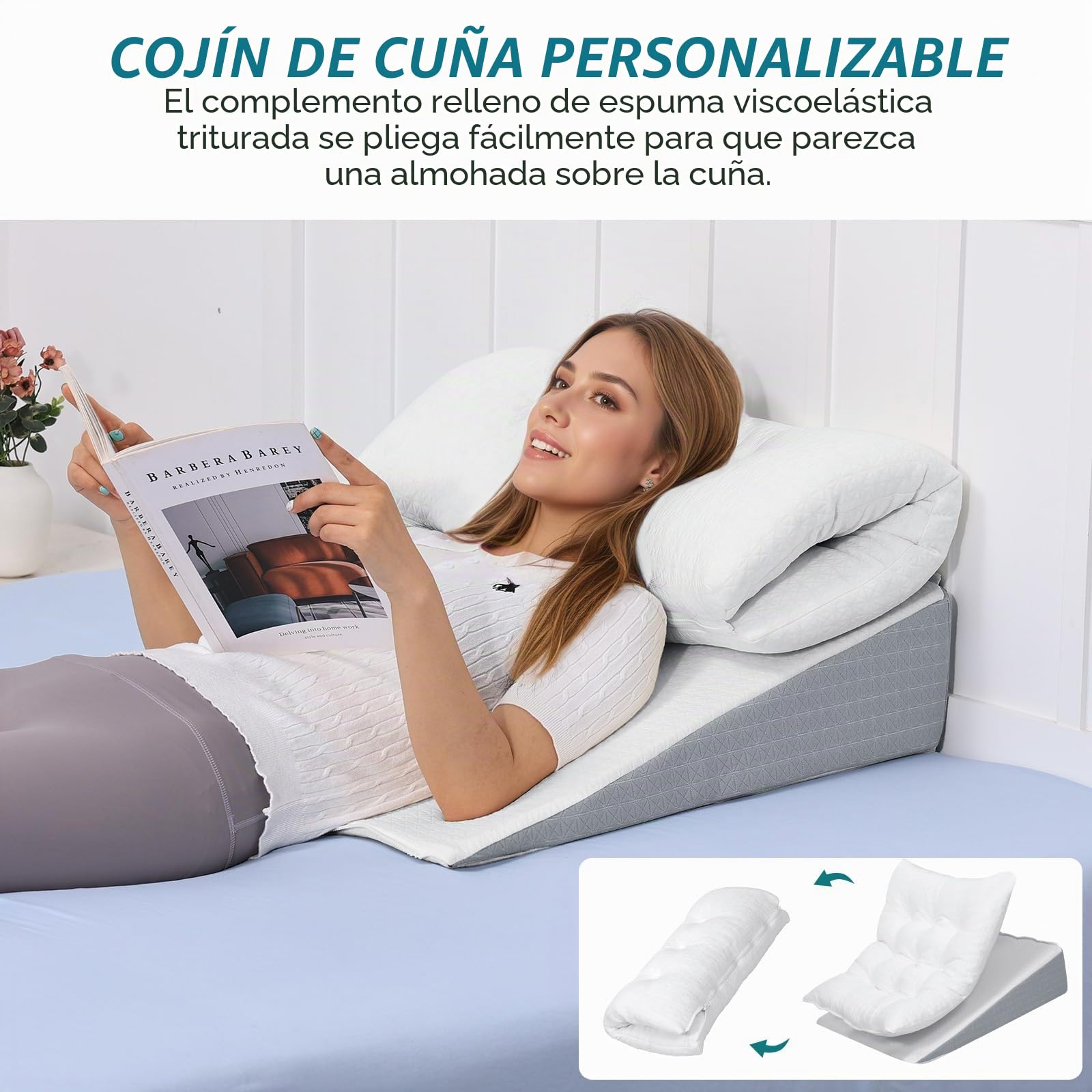 GOFORIT Cojín de cuña para cama y sofá, cojín de espuma viscoelástica personalizable, cuña de colchón, cojín de lectura grande para aumentar el sueño, cojín lumbar como cabecero de cama, cojín de