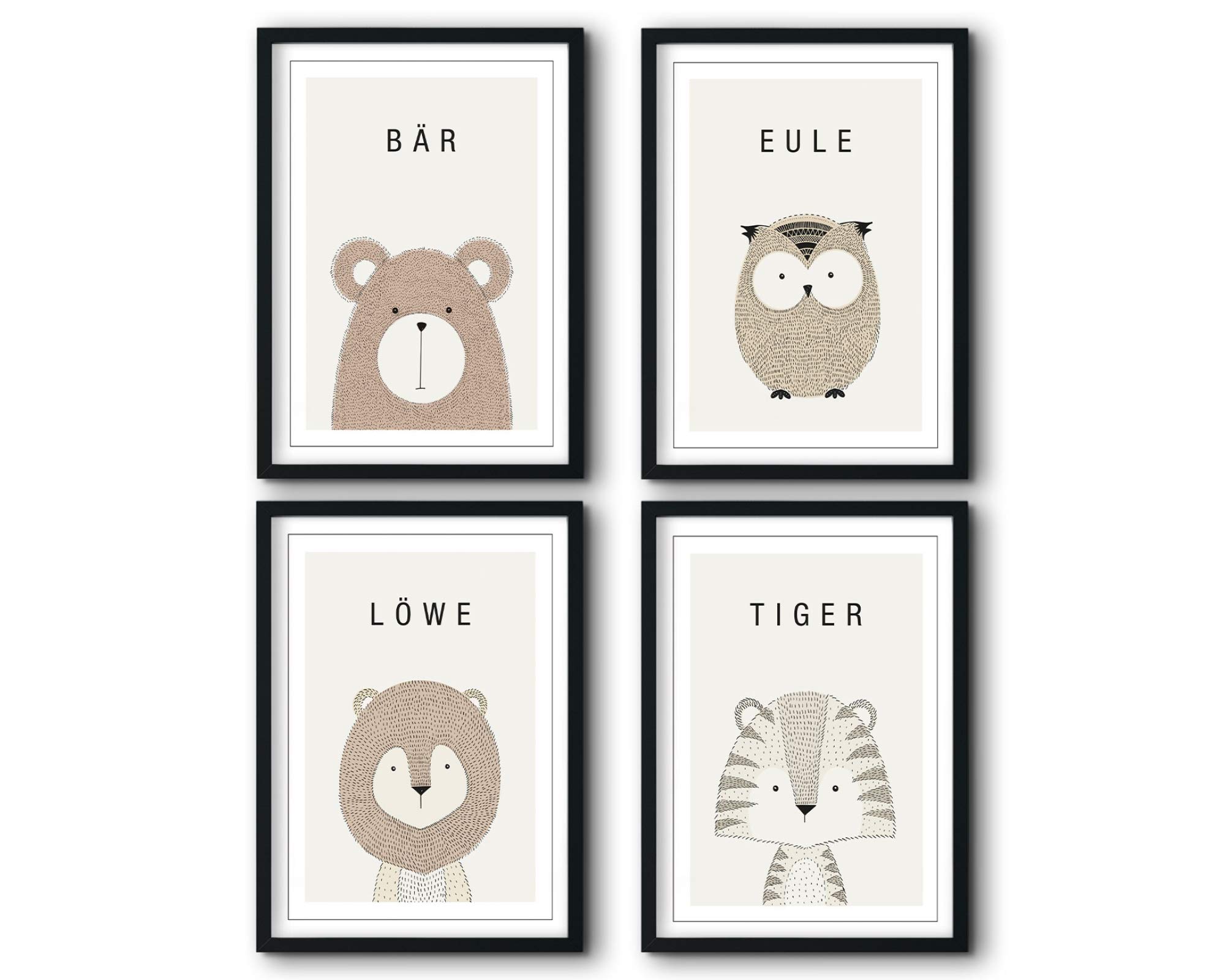 bilderreich Juego de 4 pósteres decorativos para habitación de bebé, niño o niña, cuadro infantil para la pared, 4 imágenes enmarcadas en marco de madera negro, 4 x DIN A4, animales
