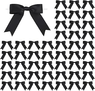 Meseey 50 Pcs 3 Inches Twist Tie Satin Ribbon Bows Black Pretied Premade Craft Bows for Treat Bags Gift Wrapping Basket Wedding Baby Shower Brithday Christmas Party (3", Black)
