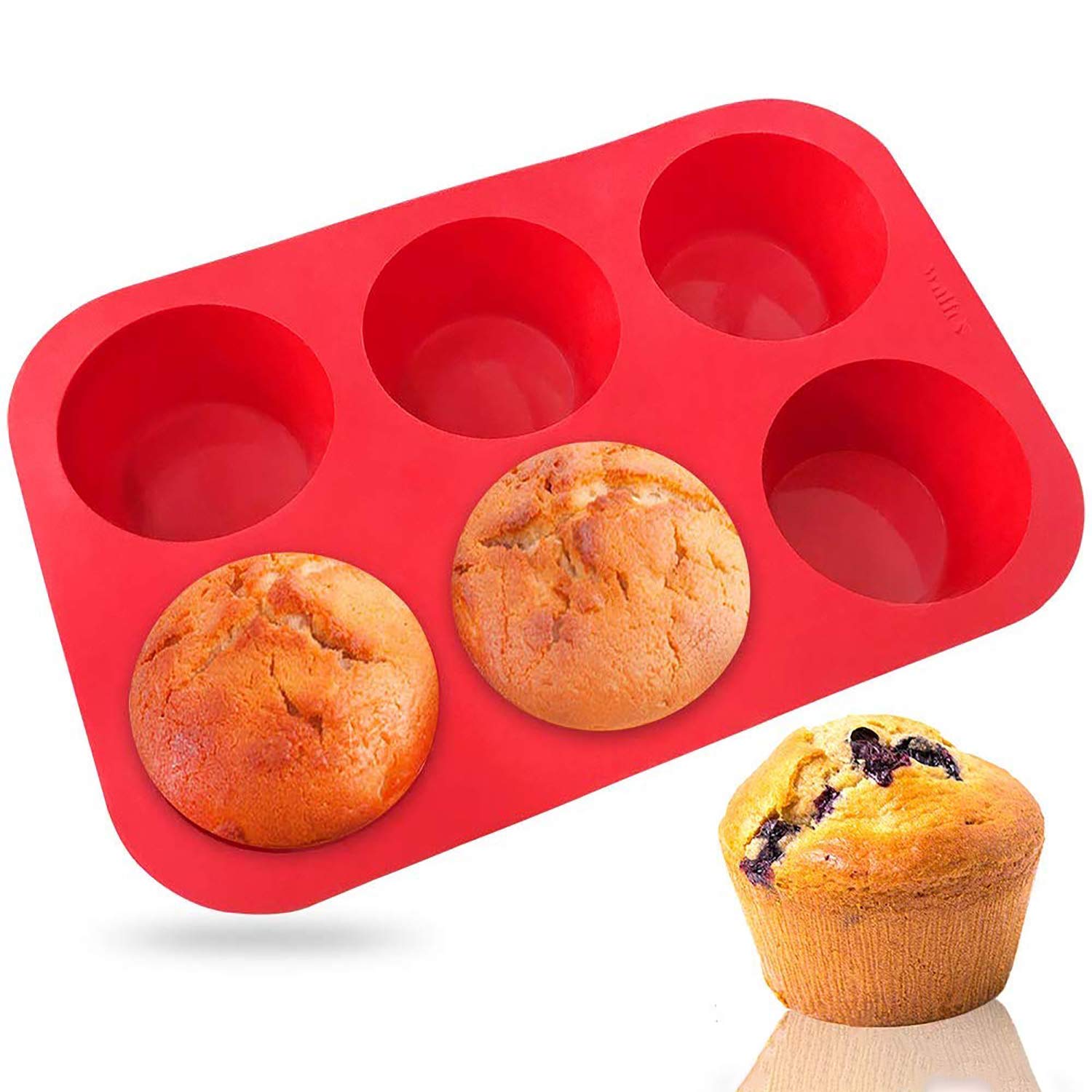 Walfos Silicone Texas Muffin Pan - 6 Cup Jumbo Cupcake Pan, Non-Stick Silicone, Just PoP Out! Perfect for Egg Muffin, Big Cupcake - BPA Free and Dishwasher Safe