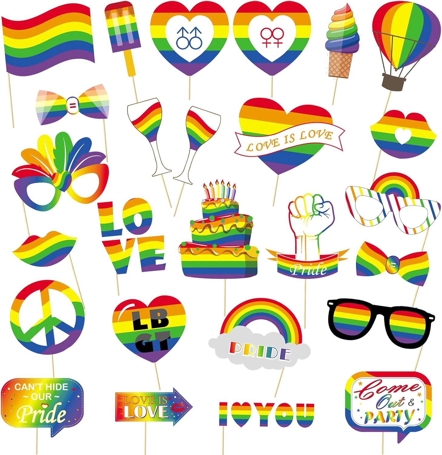 Catelves Pride Decorative Photo Box Accessories 26 Pieces - Rainbow Photo Props with Wooden Stems - LGBTQ Party Decoration for Rainbow Festival CSD Queer Party - Funny Photo Box Accessories
