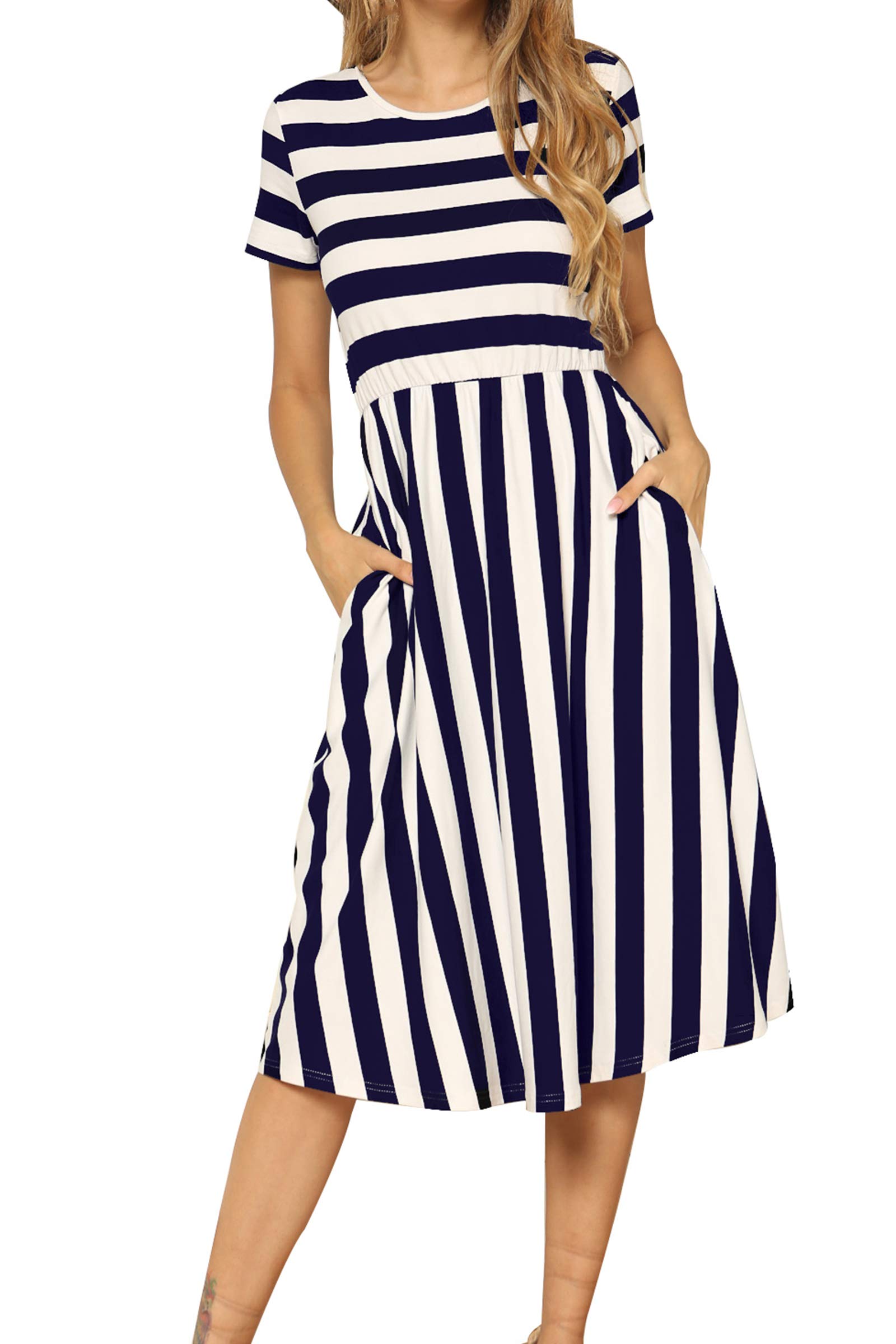 levaca Women's Casual Short Sleeve Striped Swing Midi Dress with Pockets