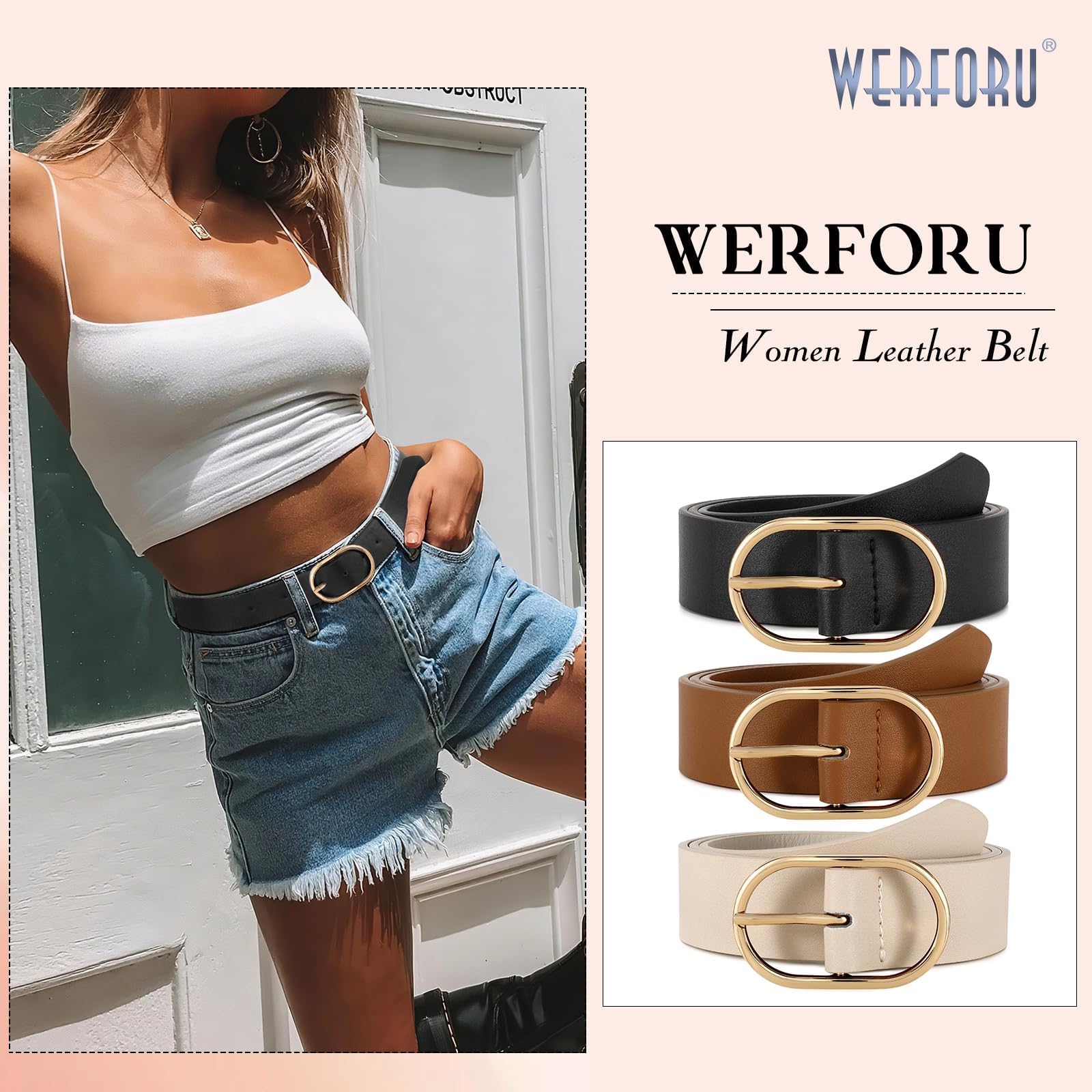 WERFORU Lot de 3 Ceintures en Cuir pour Femmes Ceinture Femme à la Mode avec Boucle Dorée pour Jeans, Pantalons et Robe,Noir/Marron/Café