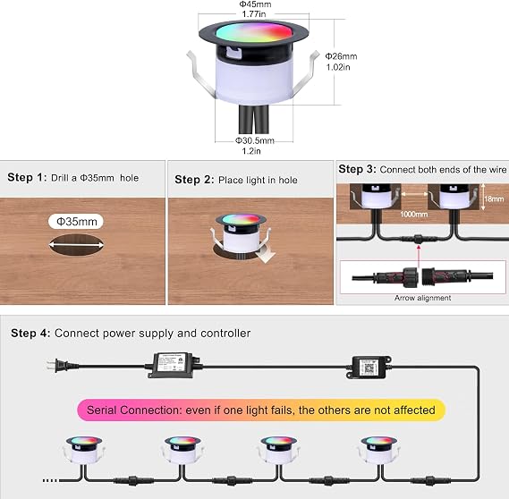 Recessed LED Deck Lights Kit, 10 Pack 1.77 WiFi Pixel RGBW+IC Multicolor