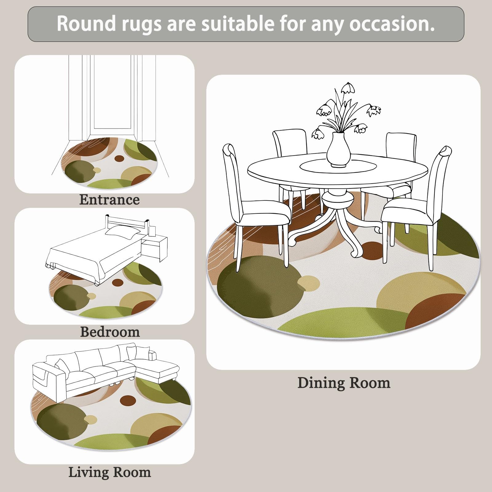 Weiß Runder Teppiche Wohnzimmer 100 cm, Waschbar & Rutschfester Weicher Kurzflor Teppich Schlafzimme, Minimalistisch Geometrisch Linie Kreis Teppich Rund für Kinderzimmer, Esszimmer, Büro