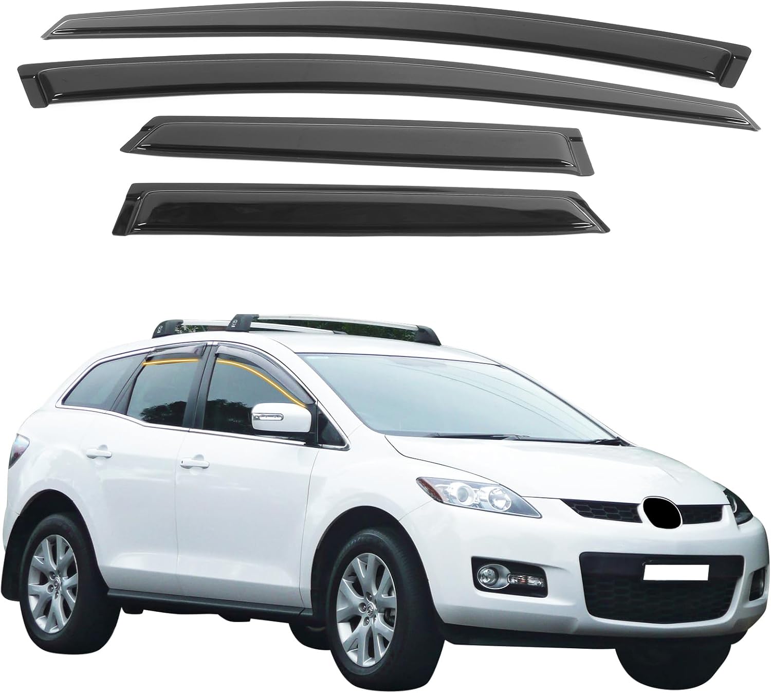 Tape on Window Visor Deflectors, Compatible with 2008-2012 Mazda CX-7, Acrylic Smoke Tinted Slim Style Window Rain Guards, Sun Wind Side Vent Visor Set, 4 Pieces