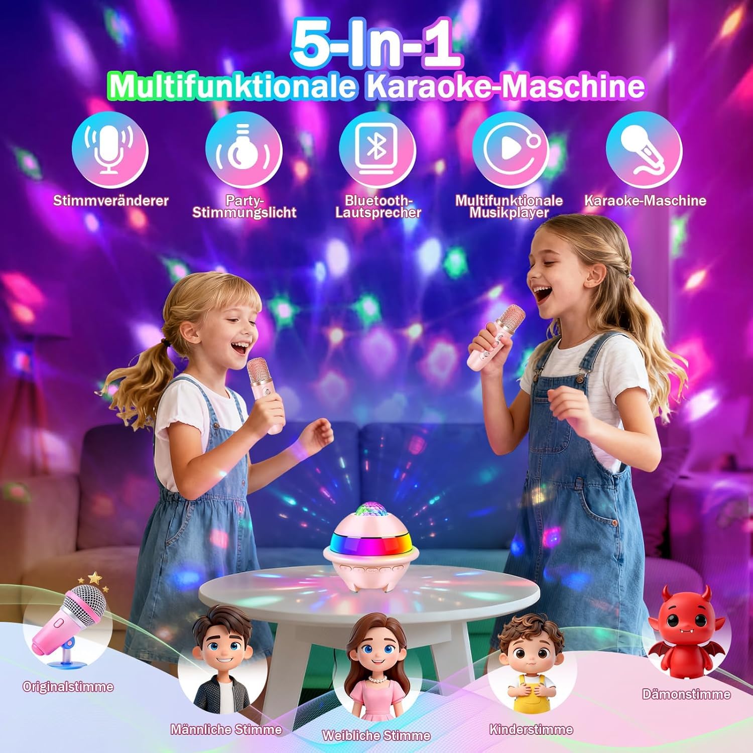 JONRRYIN Zestaw do karaoke z 2 mikrofonami, przenośna maszyna do karaoke Bluetooth dla dzieci ze światłem dyskotekowym i 5 efektami dźwiękowymi, głośnik Bluetooth dla dzieci, muzyka, prezent na Boże
