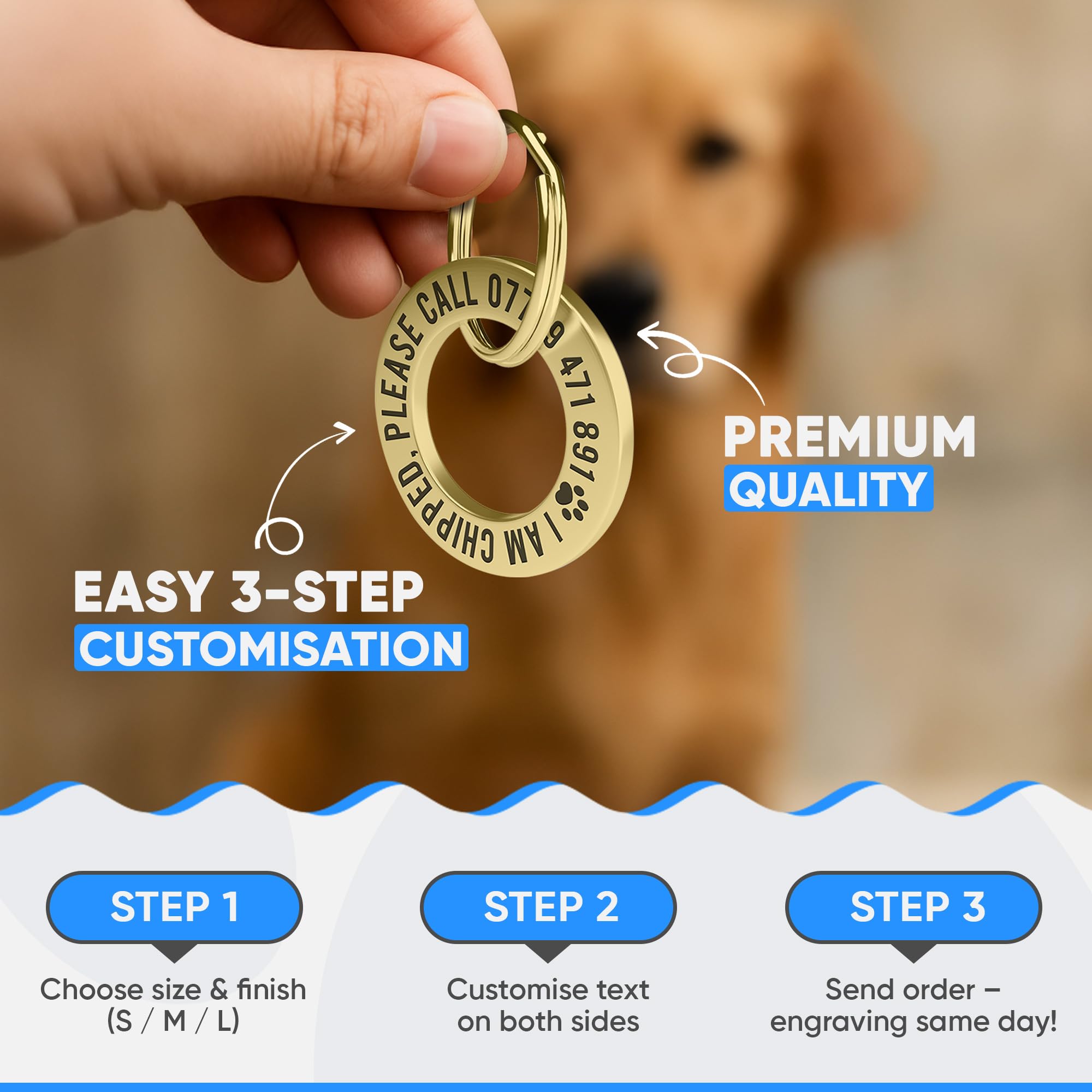Médaille personnalisée pour animaux de compagnie – Bague d'identification gravée profonde en laiton massif (28 mm, taille XS) – Médaille nom durable pour collier de chien ou chat – Fabriqué