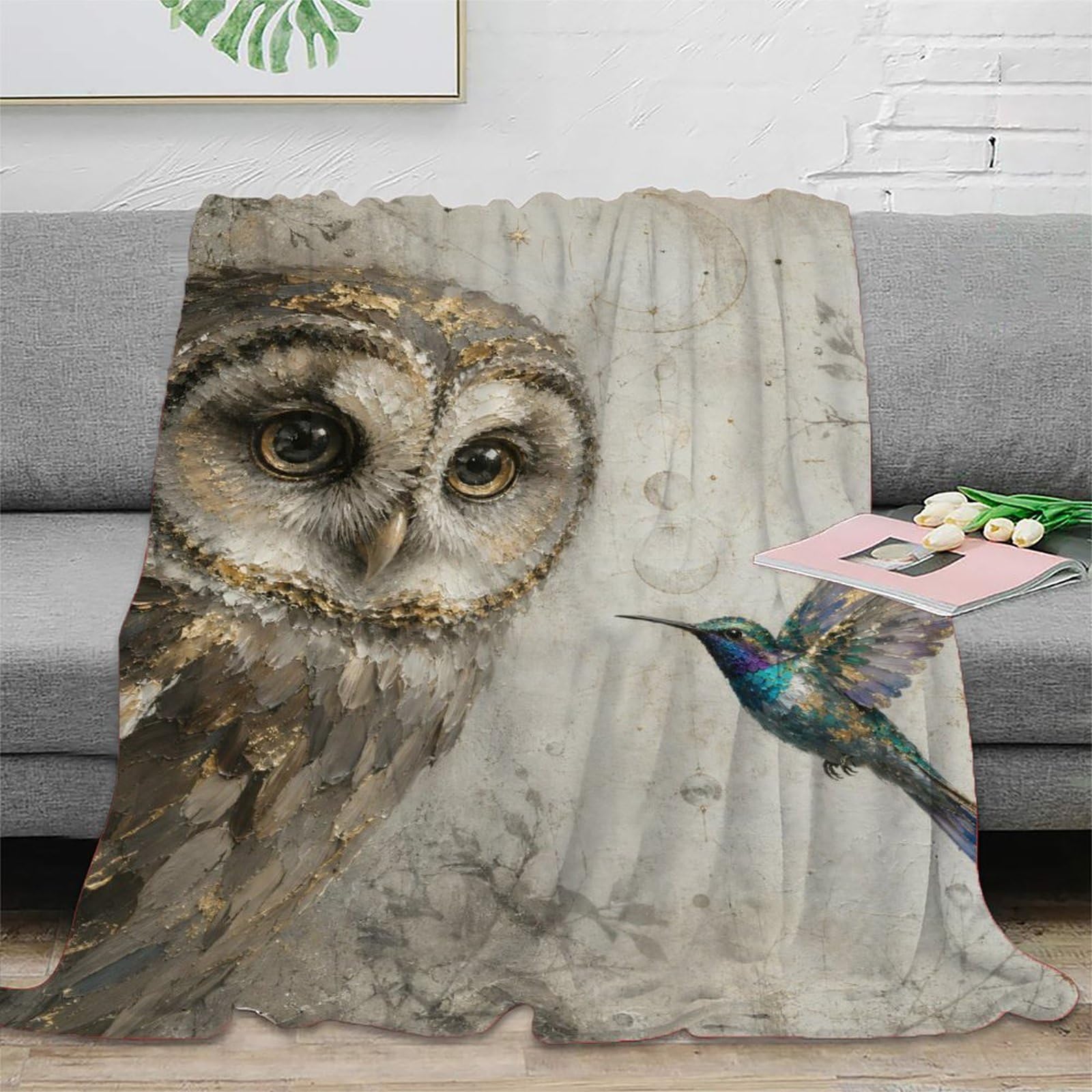 H3B8U2Y5 Owl And Hummingbird Throw Blanket, Ornamental Bird, Nap