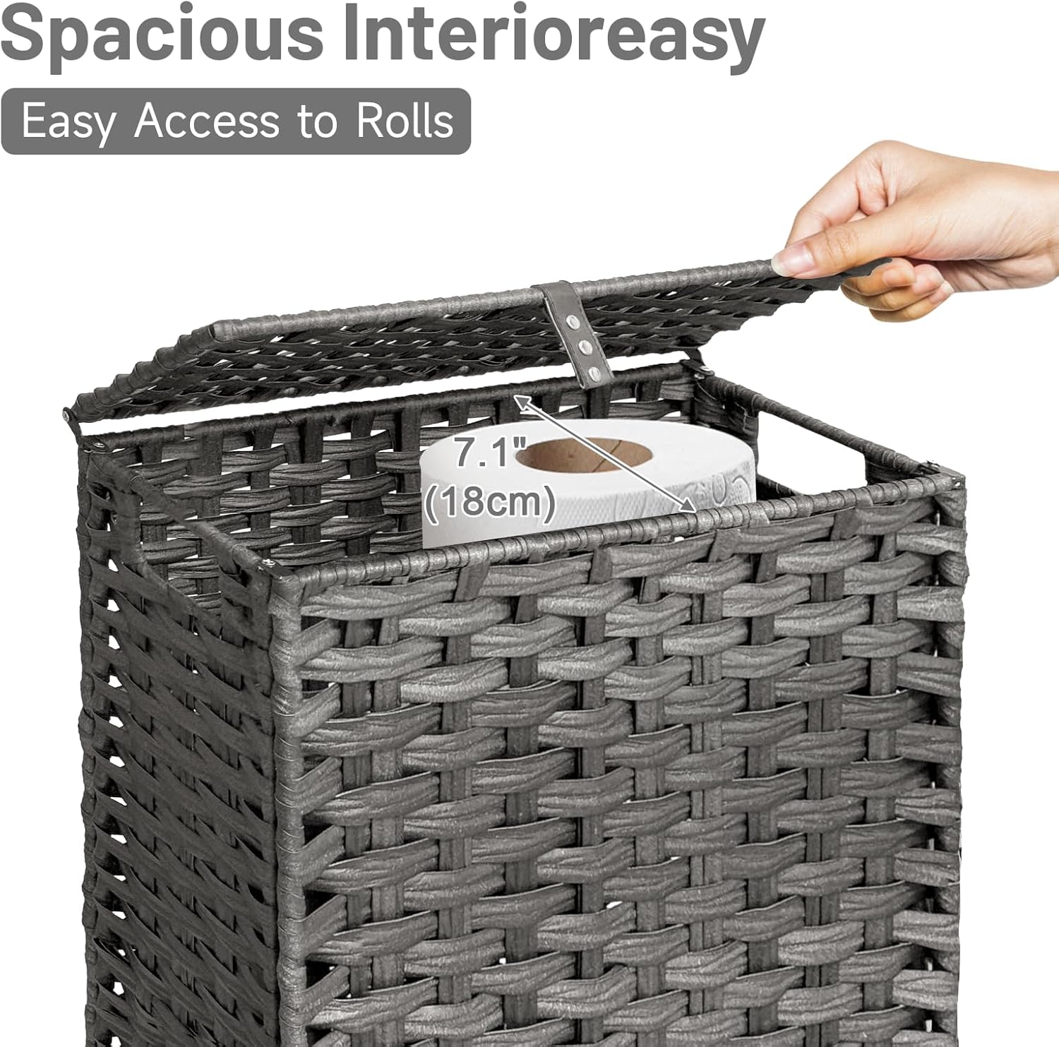 Toilet Paper Storage Basket with Lid and Wheels, Rattan Toilet Paper Holder Storage, Toilet Paper Organizer for Bathroom, Bedroom, Kitchen, Grey