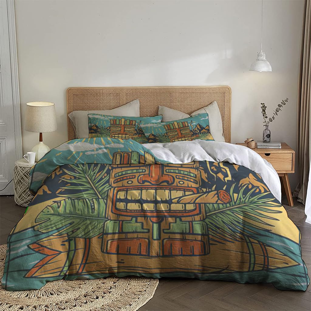NIBAINLO 布団カバーサーフィン?ティキ?マスク?オン?サーフィン?ボード?ハワイ?トライバル?テーマ 肌に優しい ピーチスキン加工 掛け布団カバー 和式 洋式 あったか 布団カバーセット リバーシブル ホームステイ ホテル 家庭兼用