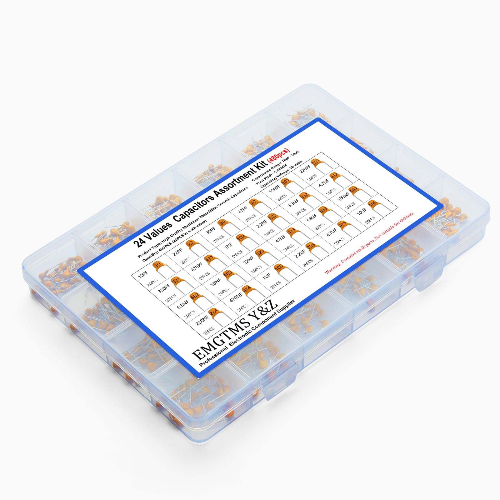 24 Values 480pcs Multilayer Monolithic Ceramic Capacitor Assortment Kit, 10pF-10uF Capacitor Set with Storage Box for Electronics Projects