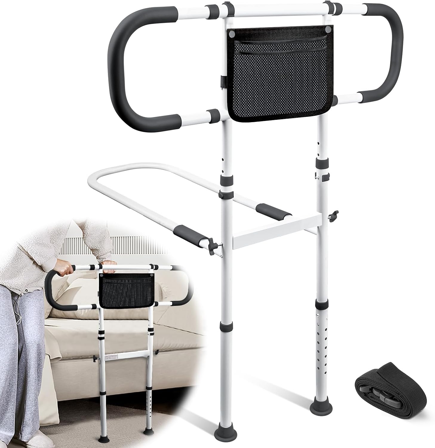 AMOVO Bed Rails for Elderly Adults Safety Bed Guard Rails for Seniors Extended Handle Bed Assist Rail with Storage Pouch, Stable Bedside Cane Support Bar Grab, Fit King Queen Full Twin