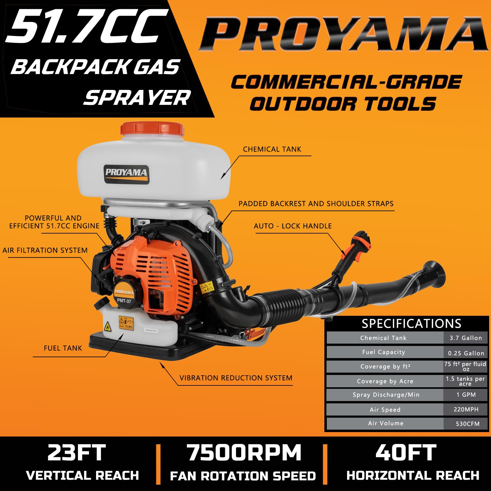 PROYAMA Opryskiwacz gazowy 3 w 1, 51,7 cm³, plecak turbo, pompa turbo, mgiełka, tłumiąca wibracje, uprząż dmuchawa do liści z automatyczną blokadą do opryskiwania ogrodu