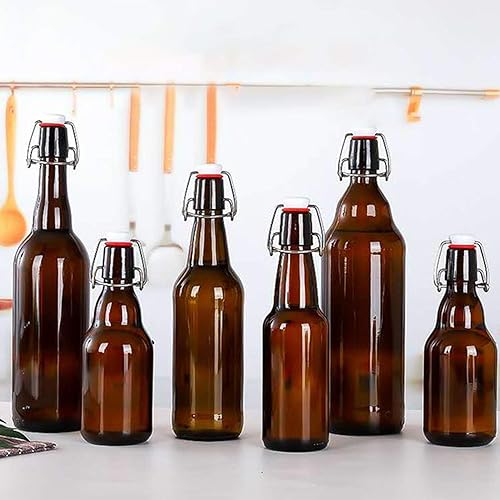 Miniatura 7 de Botellas de vidrio, botella de almacenamiento de vidrio marrón recargable con tapas abatibles, botellas de cierre de hierro ámbar con calcomanías y