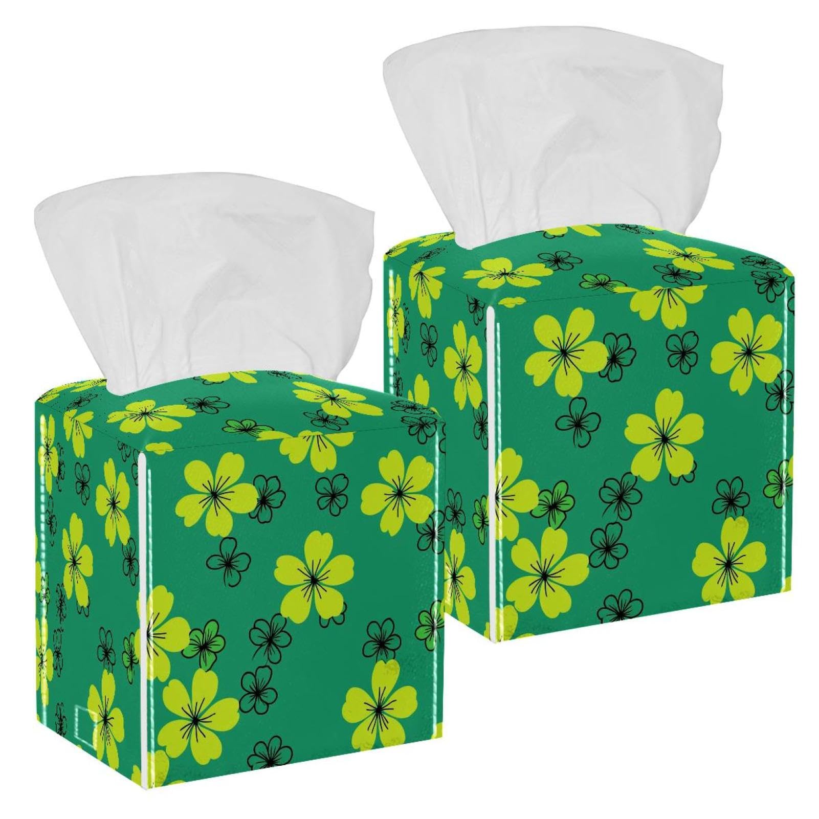 Flower Tissue Box Cover, 2 Pack PU Leather Square Facial Tissue Dispenser Box holder for Home Office Car