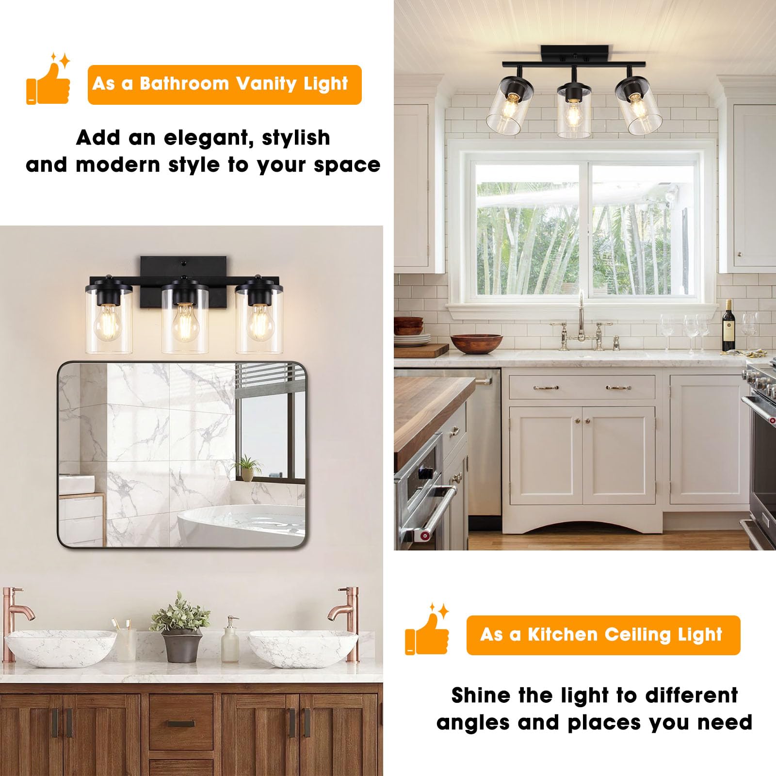 Lámpara de techo semiempotrada de 3 luces con pantalla de vidrio transparente, ajustable direccional negra, accesorios de iluminación de riel para techo, accesorios de cocina giratorios para 5