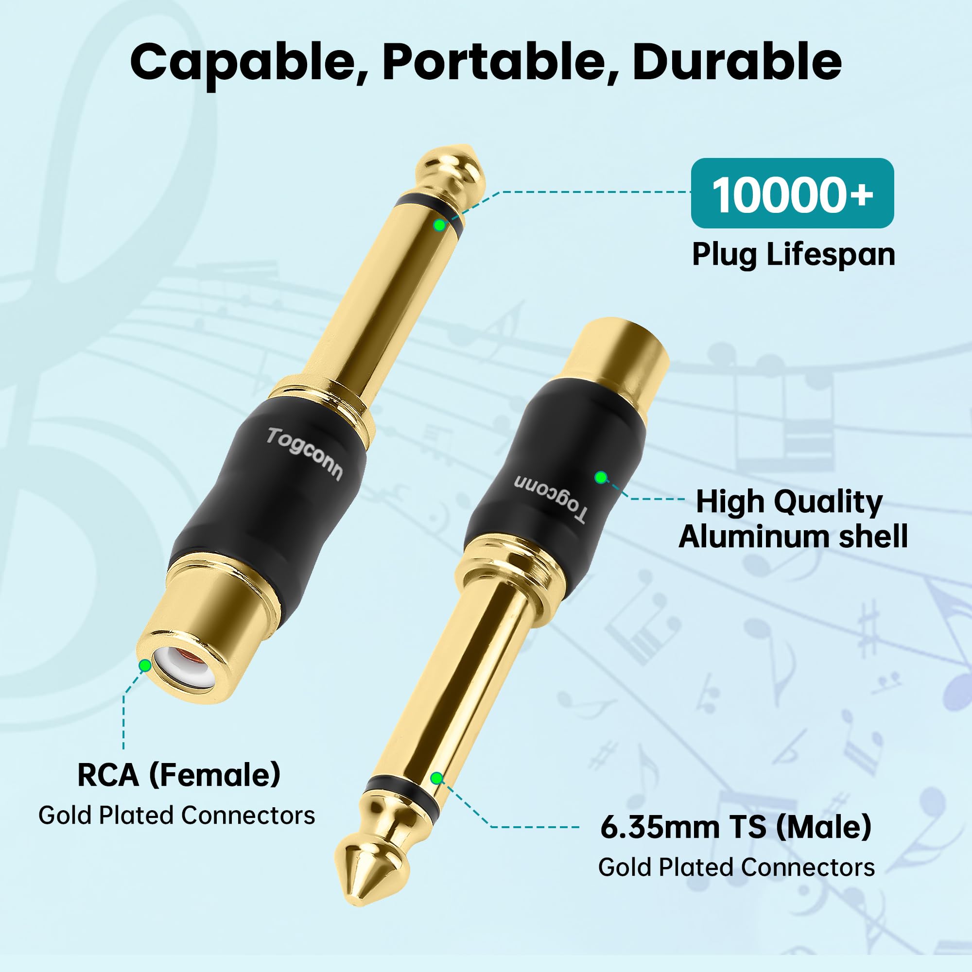 RCA żeński na 6,35 mm TS męski adapter 2 szt