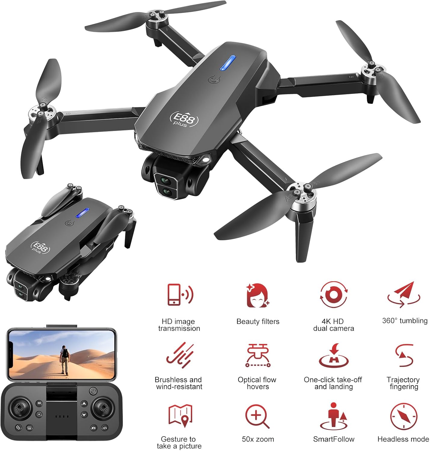 Beginner Drones with 90° Adjustable Dual HD Camera, Foldable Mini RC Quadcopter Under 250g, Brushless Motor, Optical Flow Positioning, Dual Battery, Headless Mode, 360° Flip E88 Plus Drone for Adults
