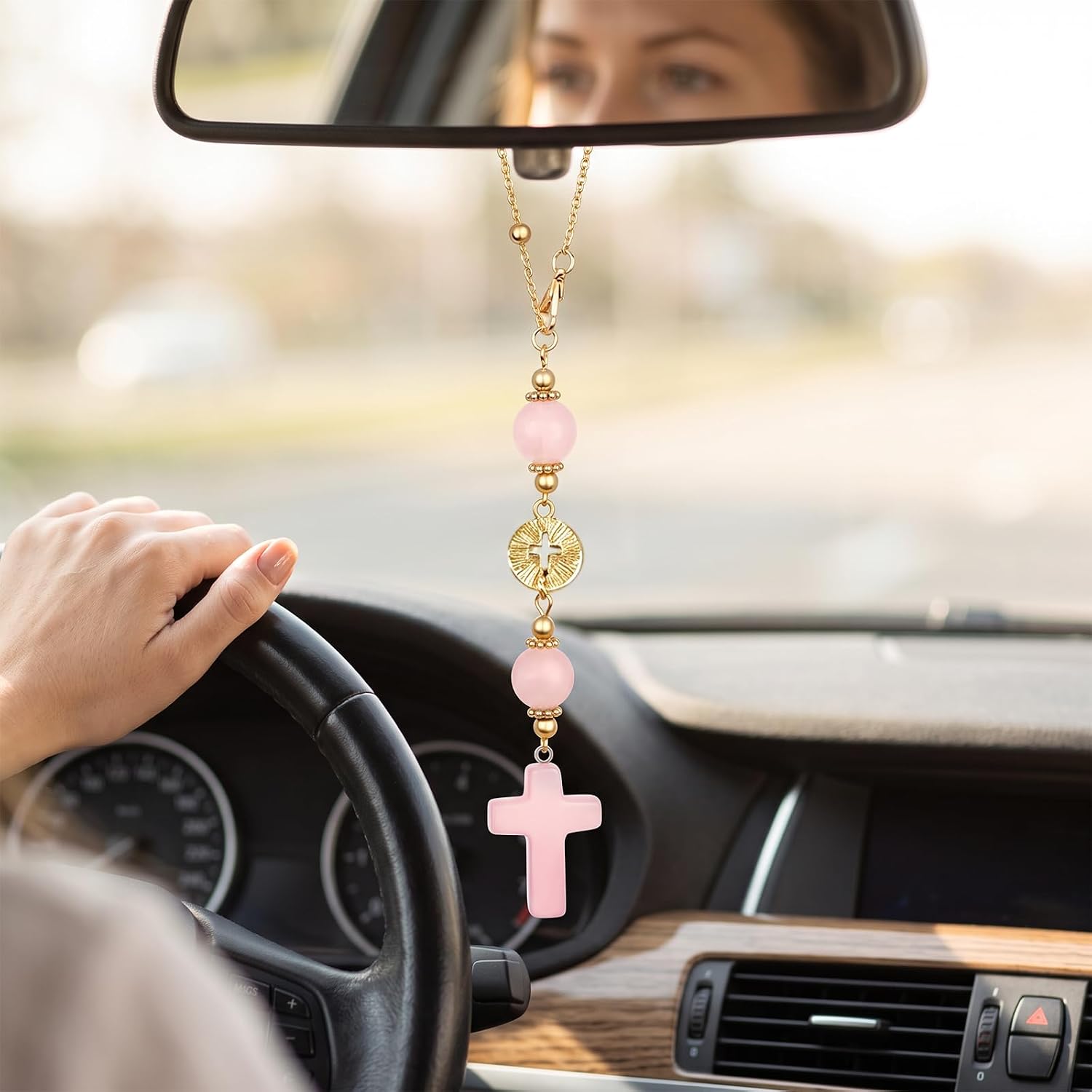 Car Decor Cross For Rear View Mirror Hanging Accessories, Rose Quartz Crystal Car Charm Cute Rosary Ornament thumbnail