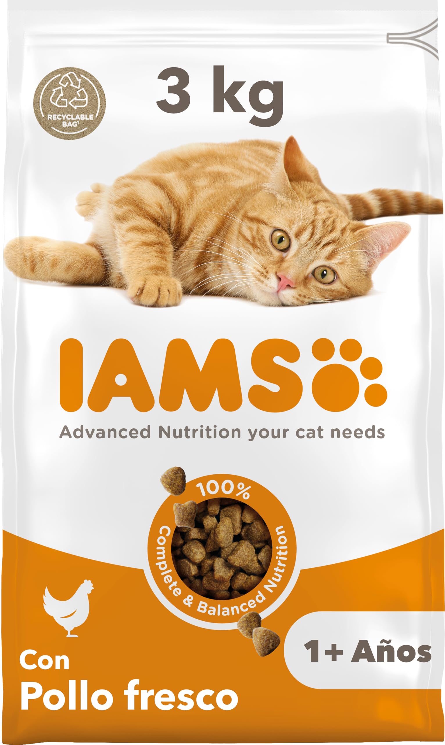 IAMS Alimento seco para gatos con pollo fresco, comida seca para gatos adultos de más de 1 año, 3 kg