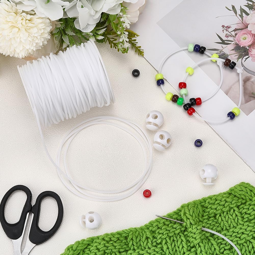 CRASPIRE 54.68 Yards White 2mm Hollow Pipe Rubber Cords with 8Pcs Plastic Cord Locks Tubing Rubber Pipes Barber Stitch Holders for Knitting DIY Beading Necklaces Bracelet Craft Needle Point Jewelry