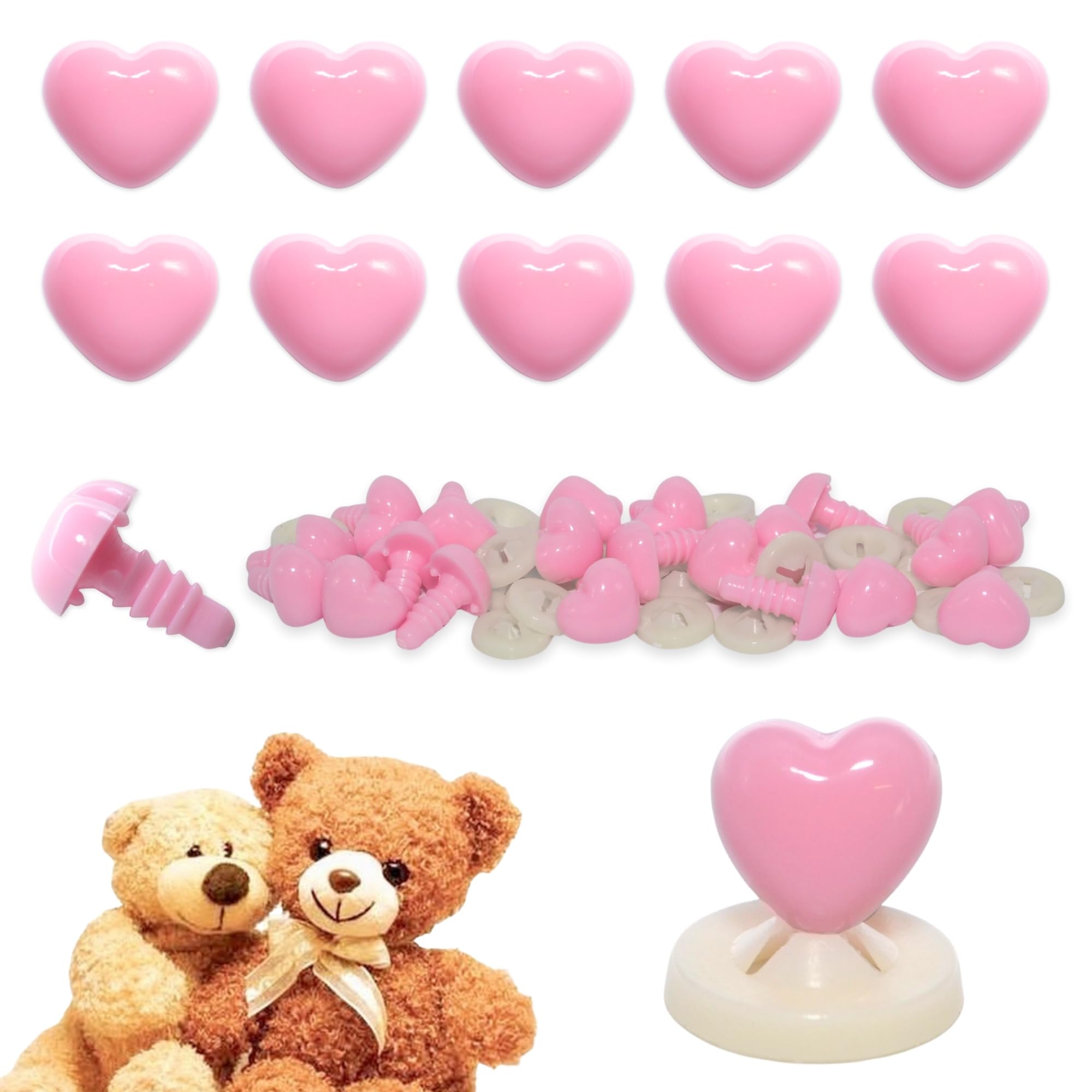 celloexpress 10mm x 9mm Baby Pink Heart Noses with Plastic Backs - Safety Noses for Soft Toy Teddy Bear Animal Making (Pack of 10)