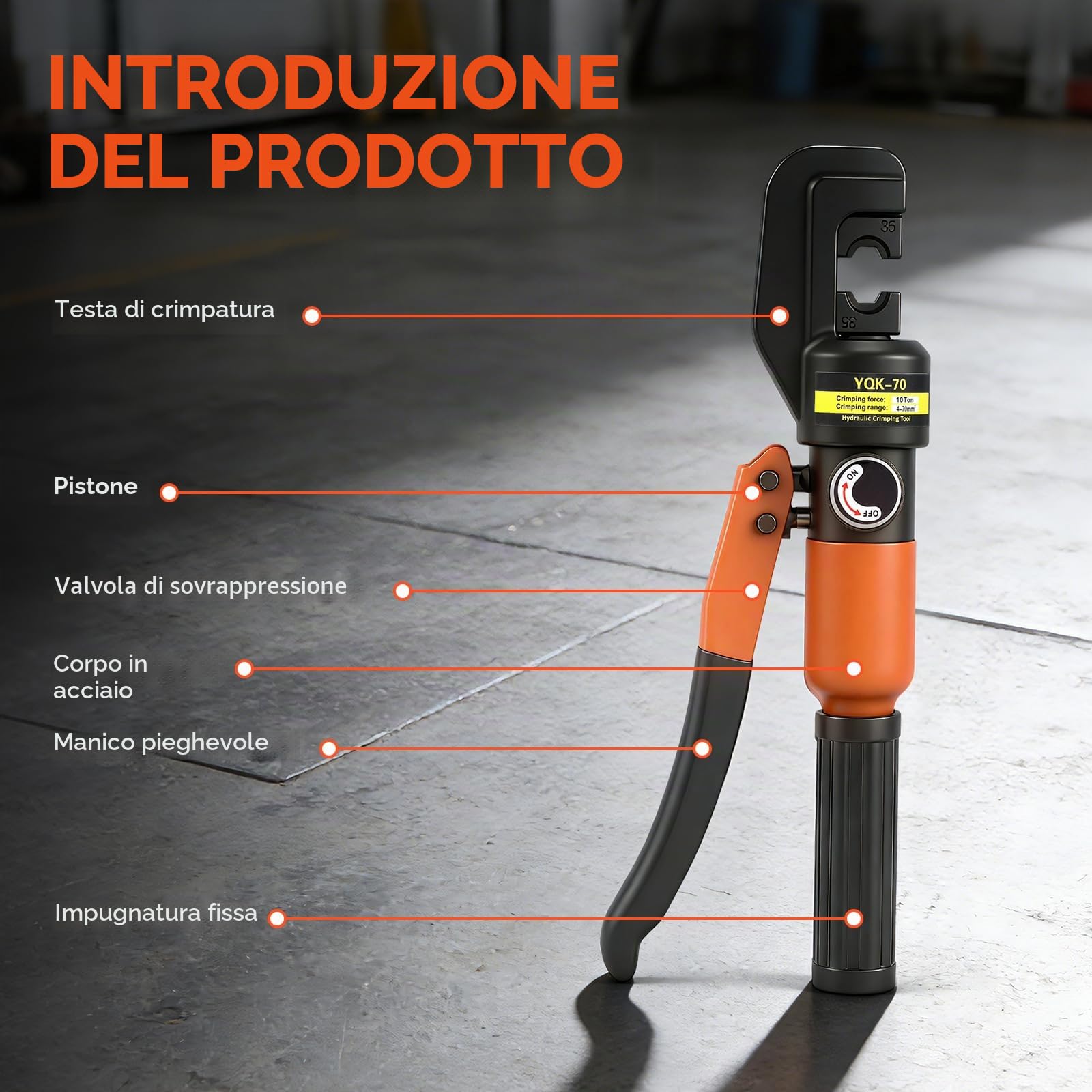 Bonvoisin Pinza crimpatrice idraulica 9 forme, spessore 4 – 70 mm². Manico in acciaio cromato spesso isolato. Adatto per morsetti in rame/alluminio. Istruzioni in tedesco