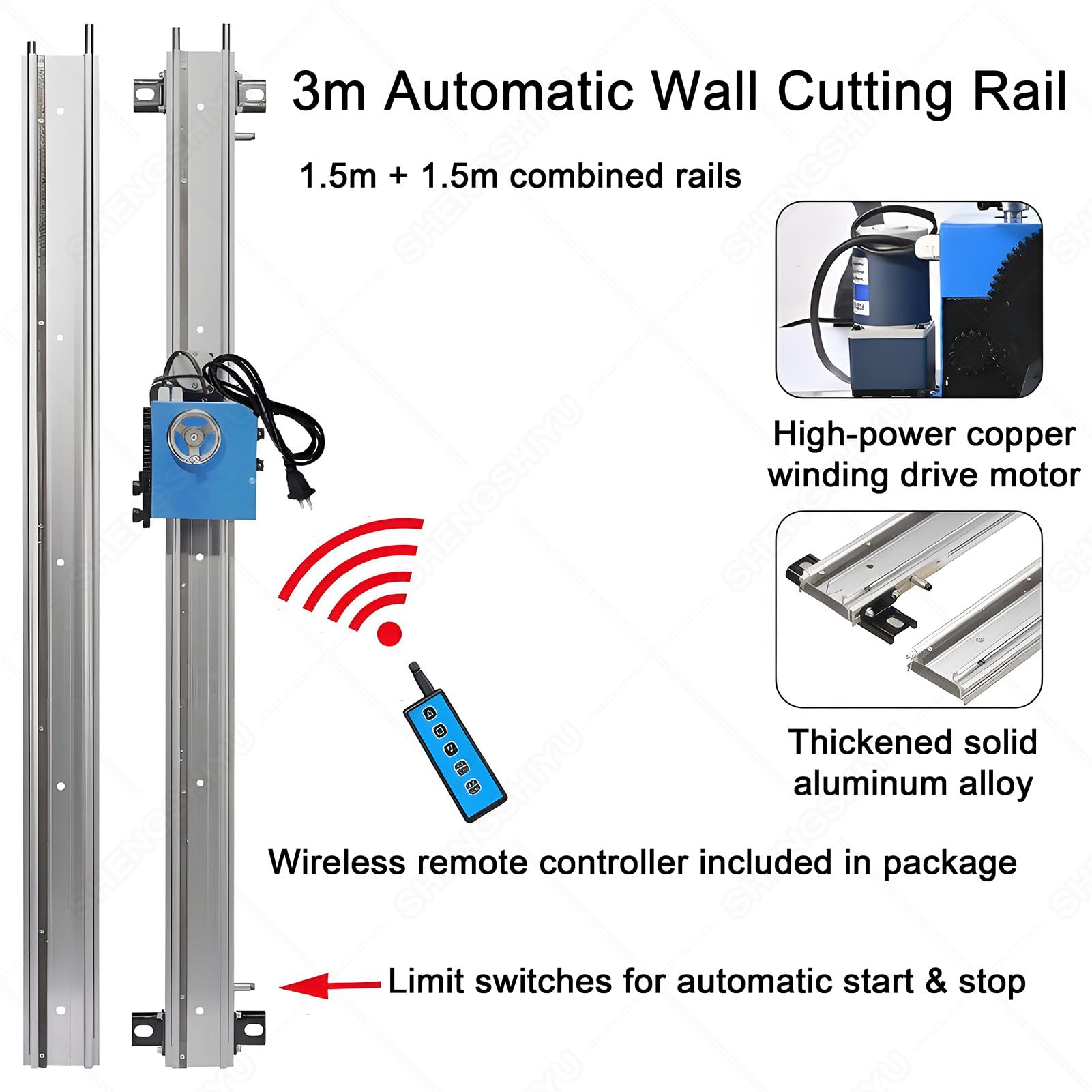 Guia Para Sierra Circular,Carril Automático con Mando a Distancia Para Cortadoras de Pared,Carriles de 1,5 M / 2 M / 2,5 M / 3 M,Corte Automático a Velocidad Constante Sobre El Carril 300cm