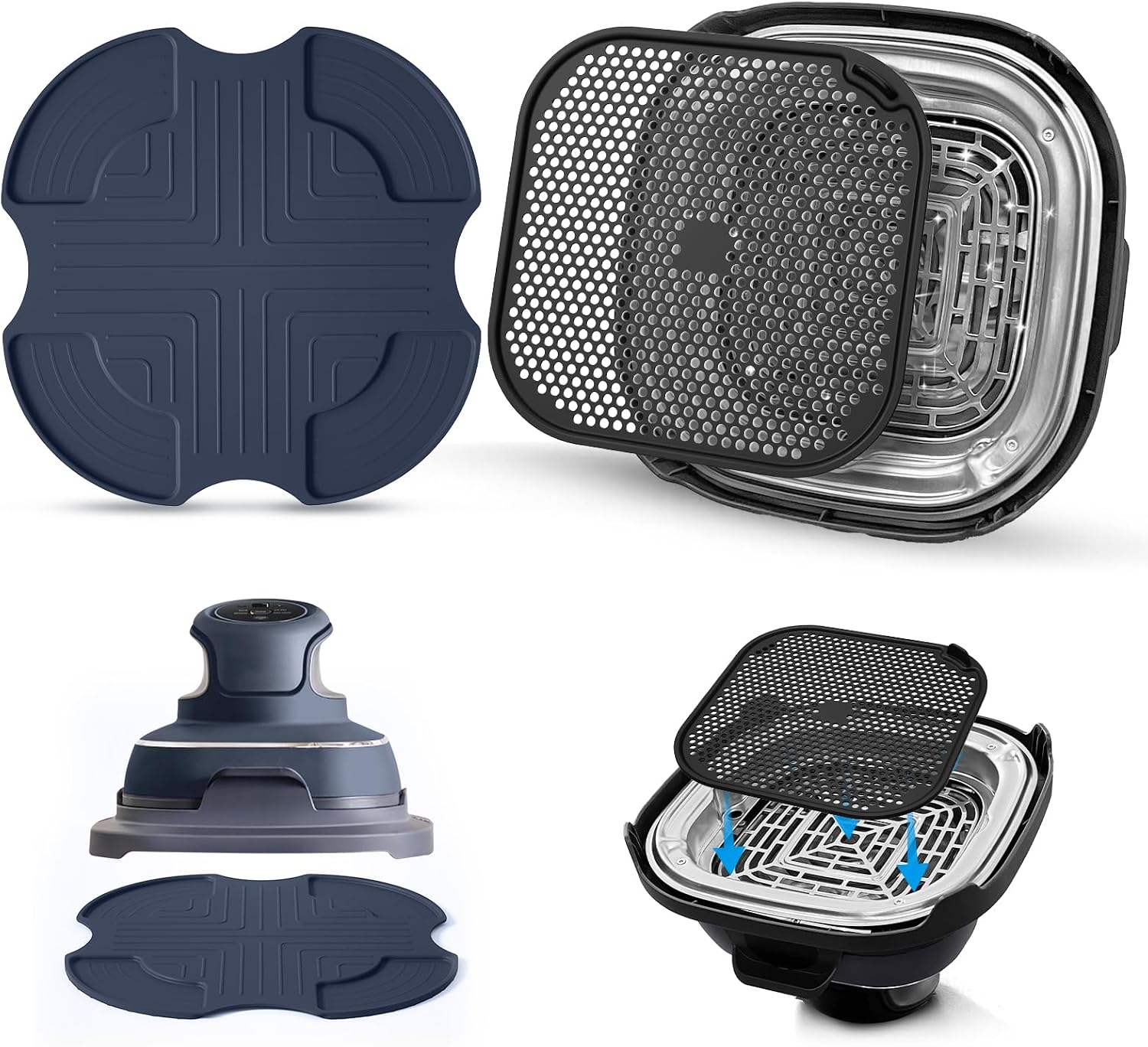 Silicone Mat for Ninja Crispi Air Fryer, Heat-Insulating Trivet for FN101 Containers – Kitchen Splatter Guard, Ninja crispi Accessories Oil Blocker, Keeps Countertop Clean (Dark Blue & Black)