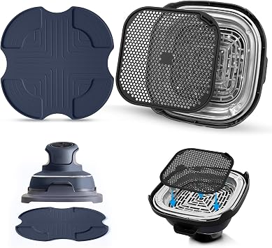 Silicone Mat for Ninja Crispi Air Fryer, Heat-Insulating Trivet for FN101 Containers Kitchen Splatter Guard, Ninja crispi Accessories Oil Blocker, Keeps Countertop Clean Dark Blue & Black