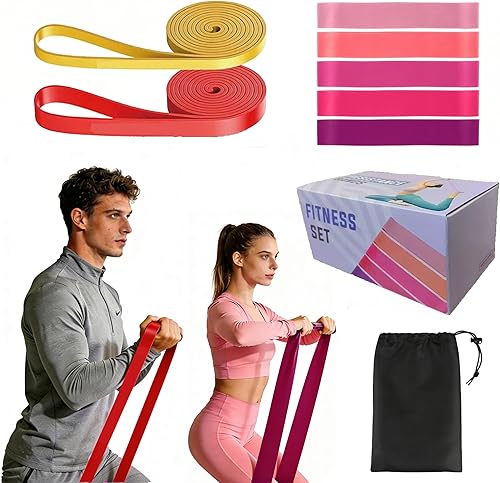 Exclusive Resistance Band Set, 5 Multi-Colored Booty Eexercise Bands & 2 Pull Up