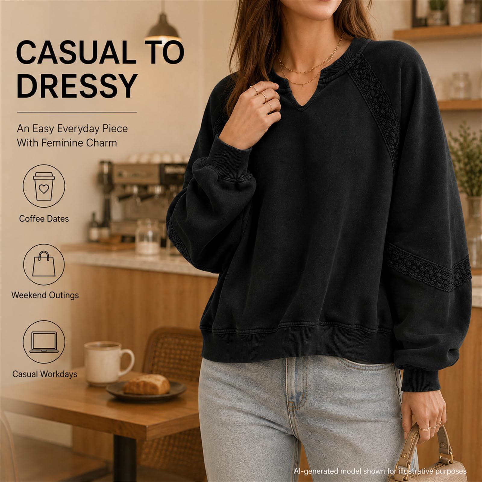 Damska bluza oversize, dekolt w serek, koronkowe rękawy z lampionami | Koronkowy patchwork, dekolt w serek, raglanowe rękawy, luźny krój, prążkowany brzeg, styl wiosna-jesień