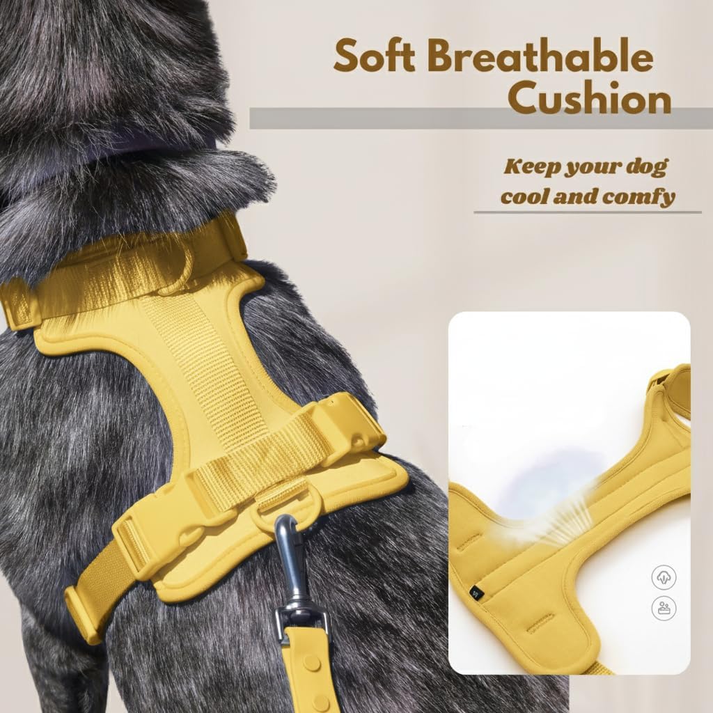 No Pull Dog Harness with 3 Leash Clips, Adjustable Vest, Easy Overhead Fit, No Choke Pet Vest, Soft Padding Chest Panel Gentle Leader for Dog Harness for Medium Dogs Yellow