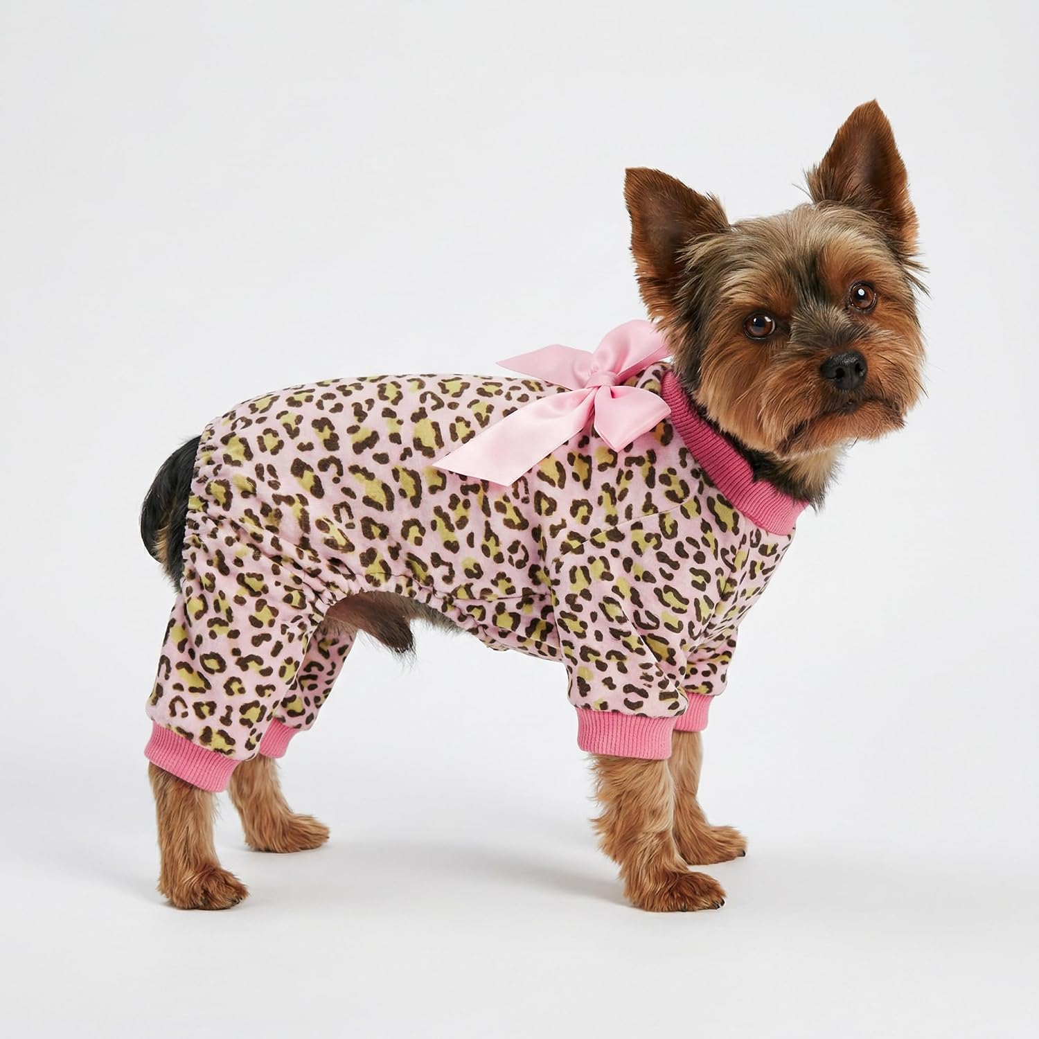 Fitwarm Leopard Dog Pajamas, Fleece Dog Clothes for Small Dogs Girl with Legs, Pet Onesie, Cat Outfit, Pink, Small image 4