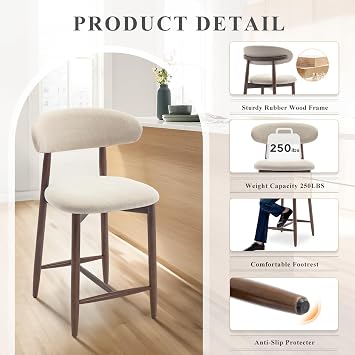 COLAMY Counter Height Bar Stools Set of 2, Kitchen Bar Stools with Back, Mid Century Modern Upholstered, with Wood Legs for Kitchen Island Dining Room, Beige