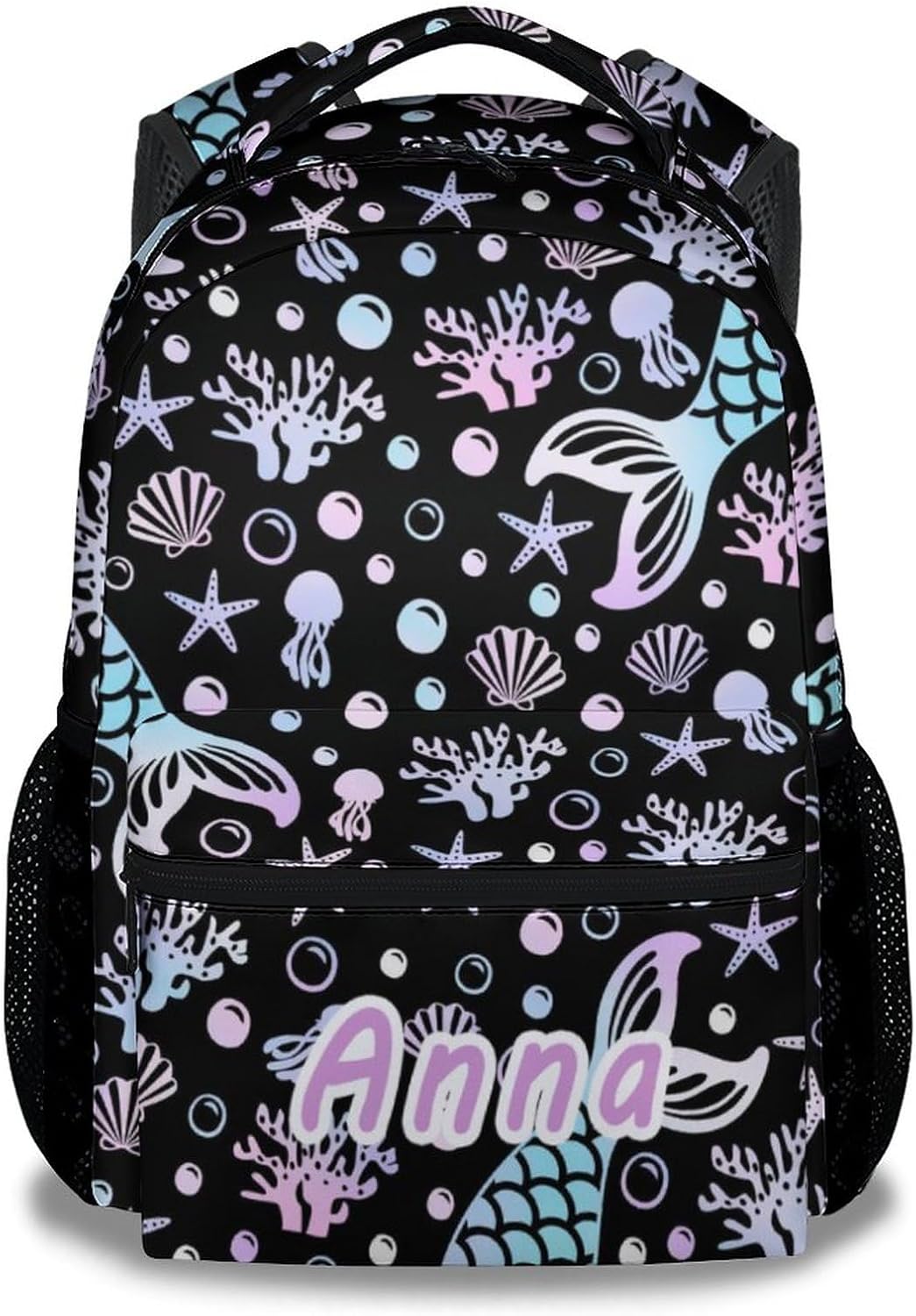 Personalized Mermaid Tail Backpack for School - 16 Inches Black Custom Backpacks for Girls, Women - Aesthetic Bookbag for Travel