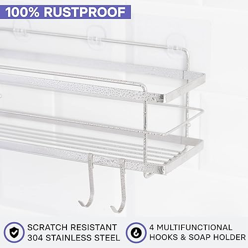 Miniatura 2 de KINCMAX Organizador de ducha y soporte para jabón, acero inoxidable SUS304, montaje en pared adhesivo, cestas dobles, paquete de 2 con ganchos